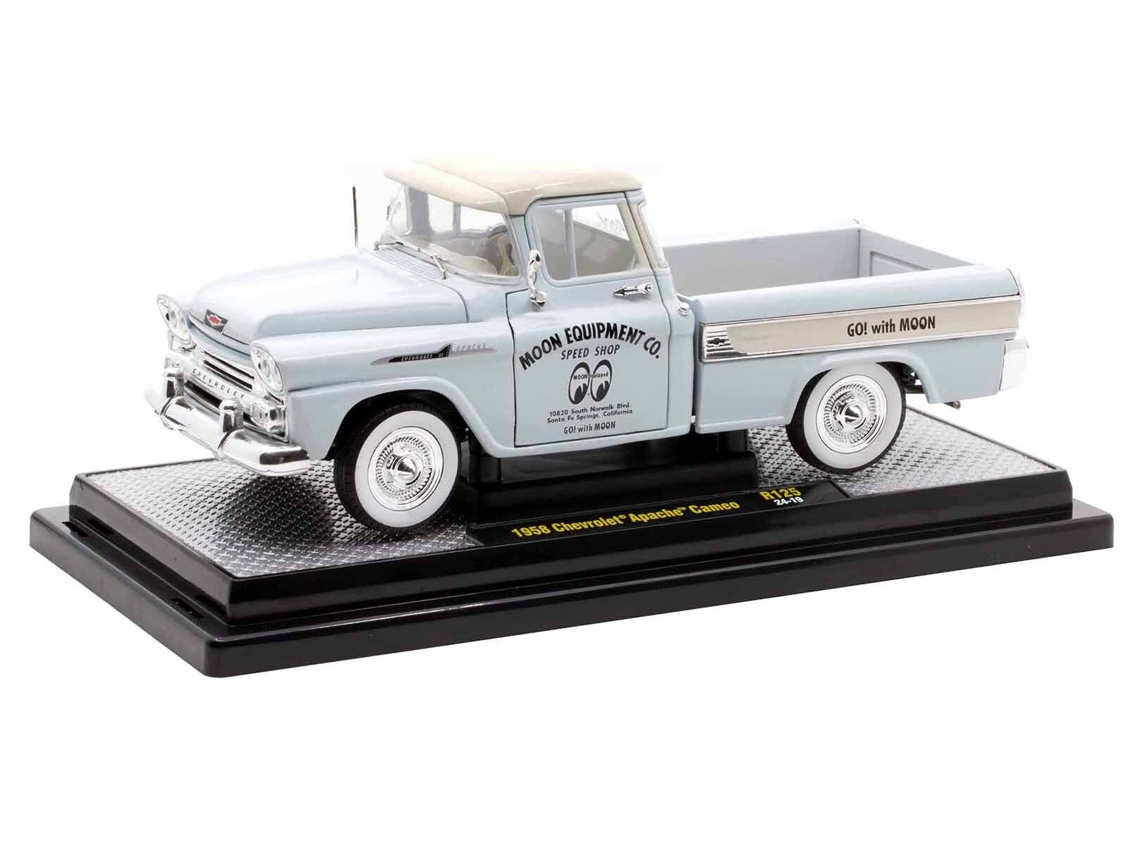 1958 Chevrolet Apache Cameo Pickup Truck "Mooneyes" Light Gray with White Top Limited Edition to 6650 pieces Worldwide 1/24 Diecast Model Car by M2 Machines M2