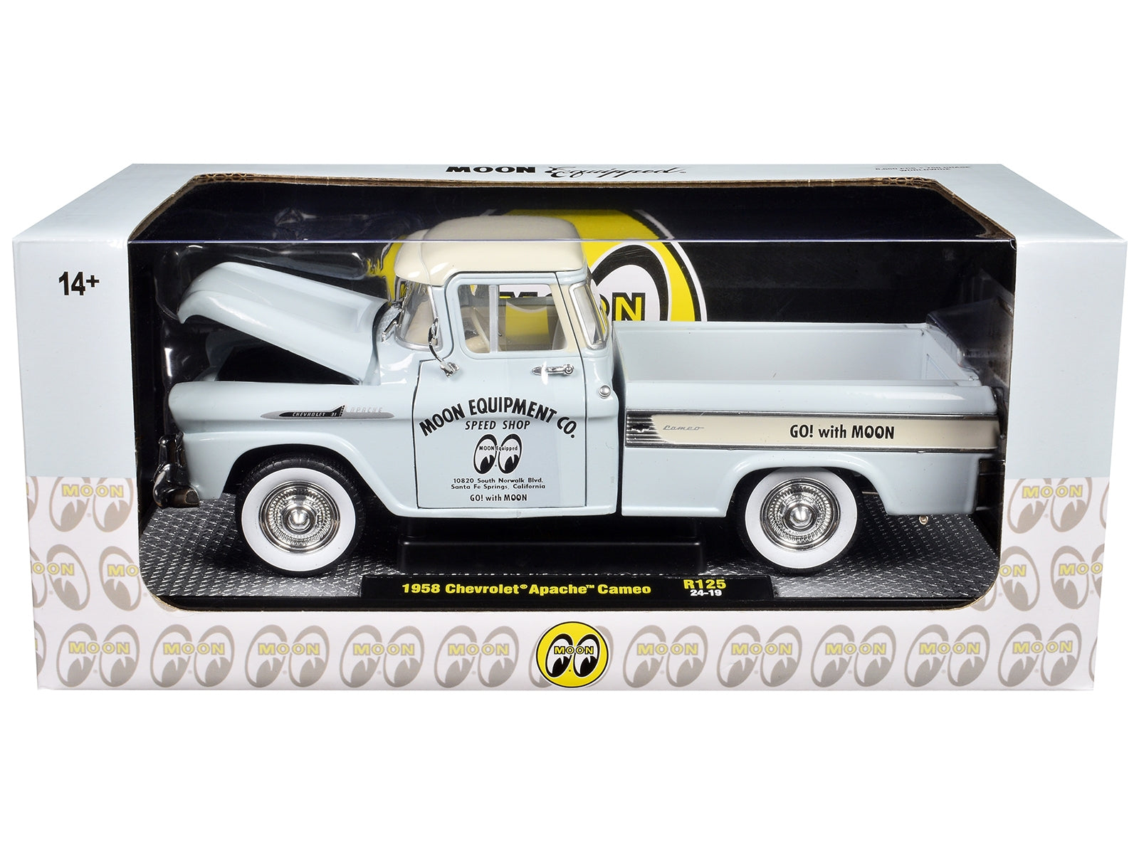 1958 Chevrolet Apache Cameo Pickup Truck "Mooneyes" Light Gray with White Top Limited Edition to 6650 pieces Worldwide 1/24 Diecast Model Car by M2 Machines M2