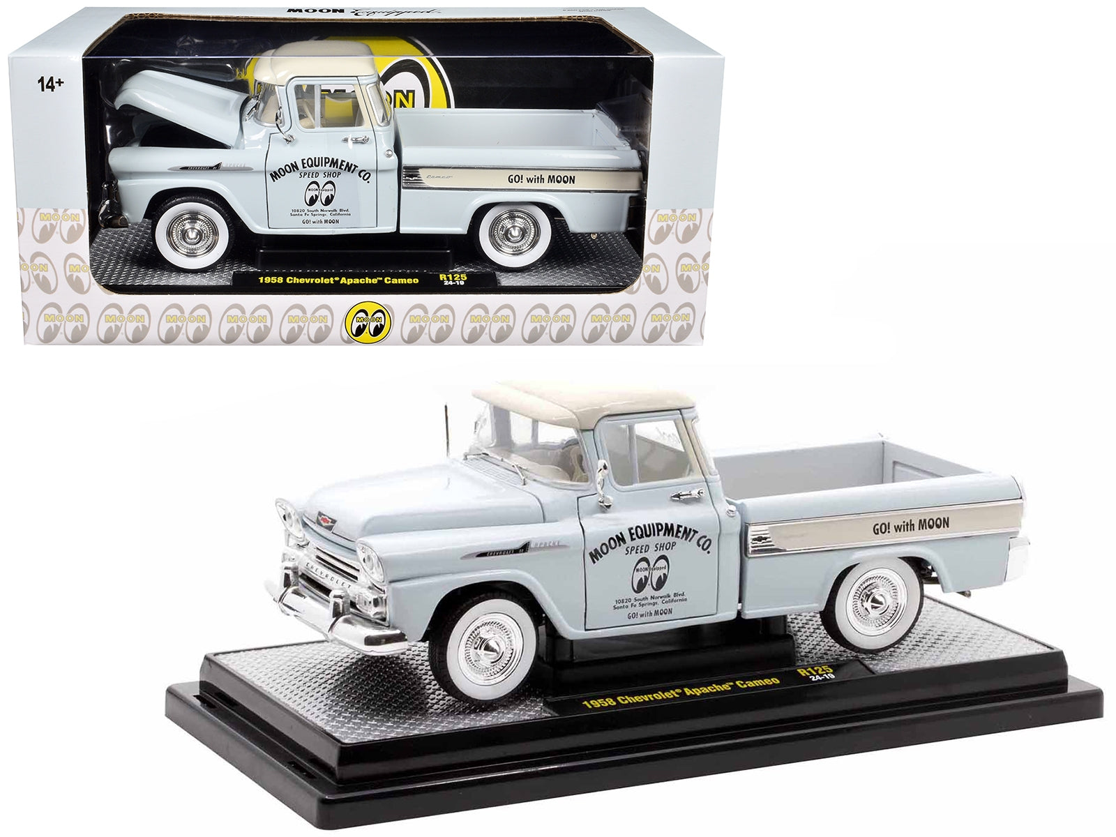 1958 Chevrolet Apache Cameo Pickup Truck "Mooneyes" Light Gray with White Top Limited Edition to 6650 pieces Worldwide 1/24 Diecast Model Car by M2 Machines M2