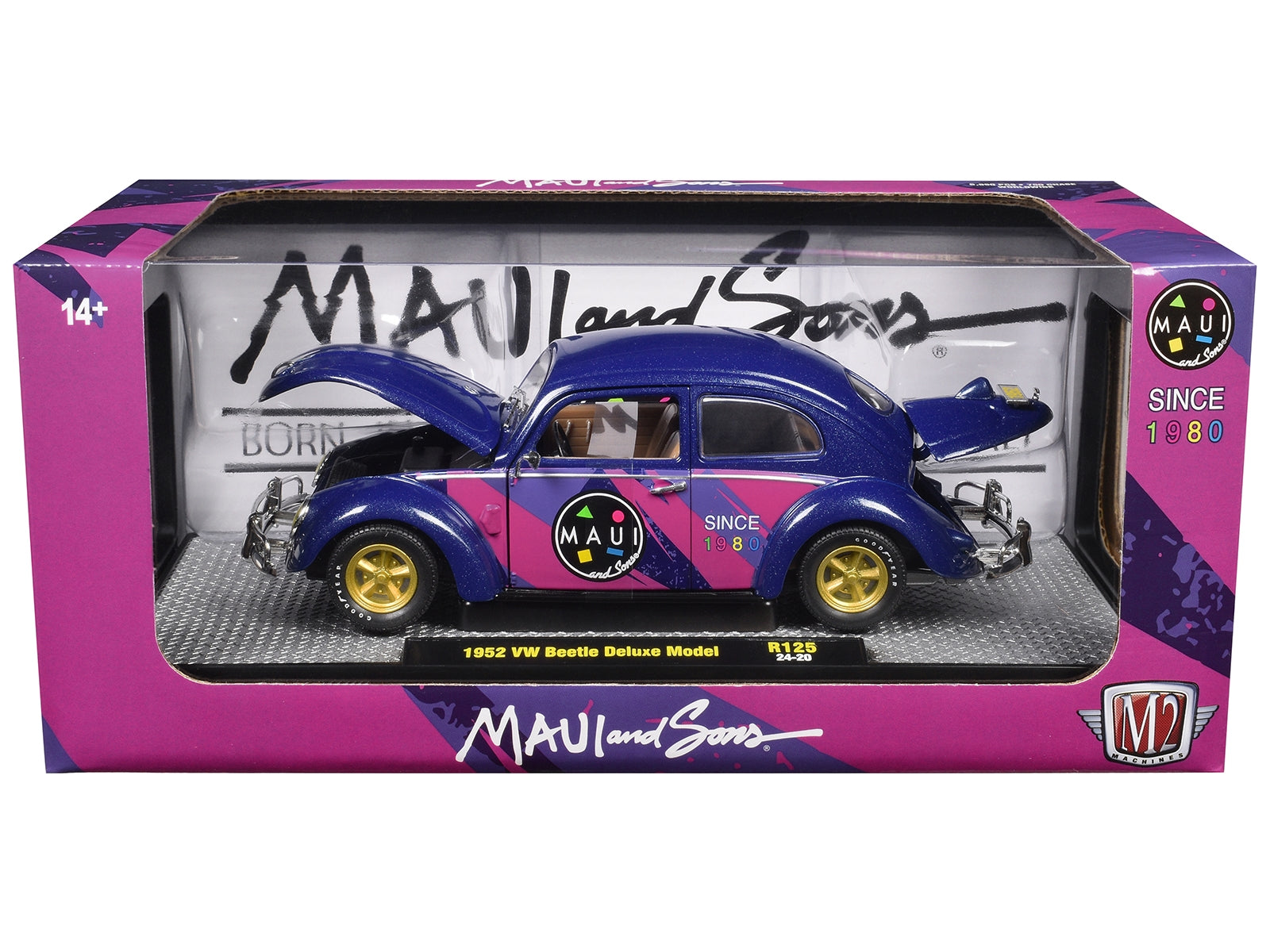 1952 Volkswagen Beetle Deluxe Model "Maui & Sons" Purple Metallic with Graphics Limited Edition to 6650 pieces Worldwide 1/24 Diecast Model Car by M2 Machines M2