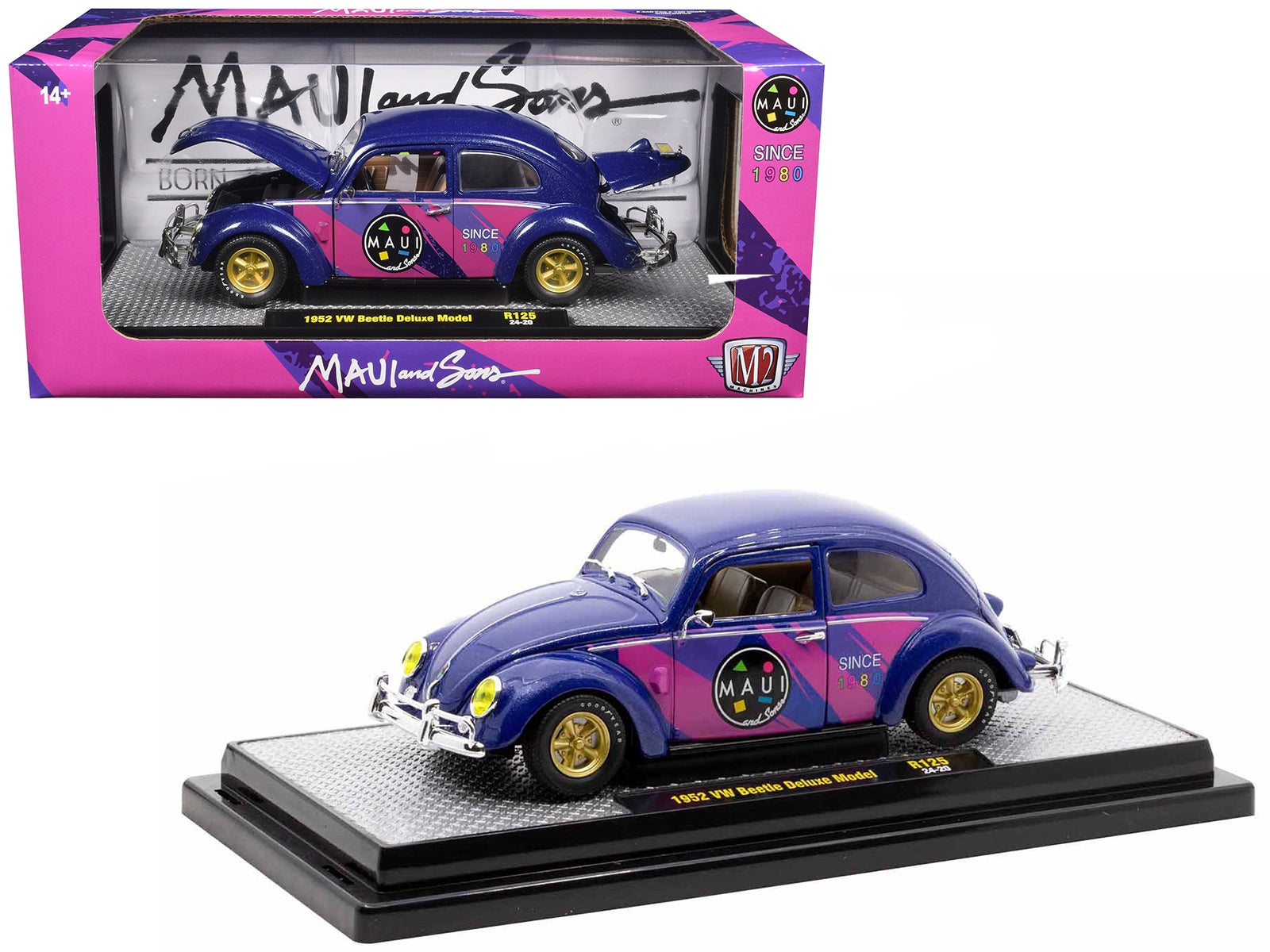 1952 Volkswagen Beetle Deluxe Model "Maui & Sons" Purple Metallic with Graphics Limited Edition to 6650 pieces Worldwide 1/24 Diecast Model Car by M2 Machines M2