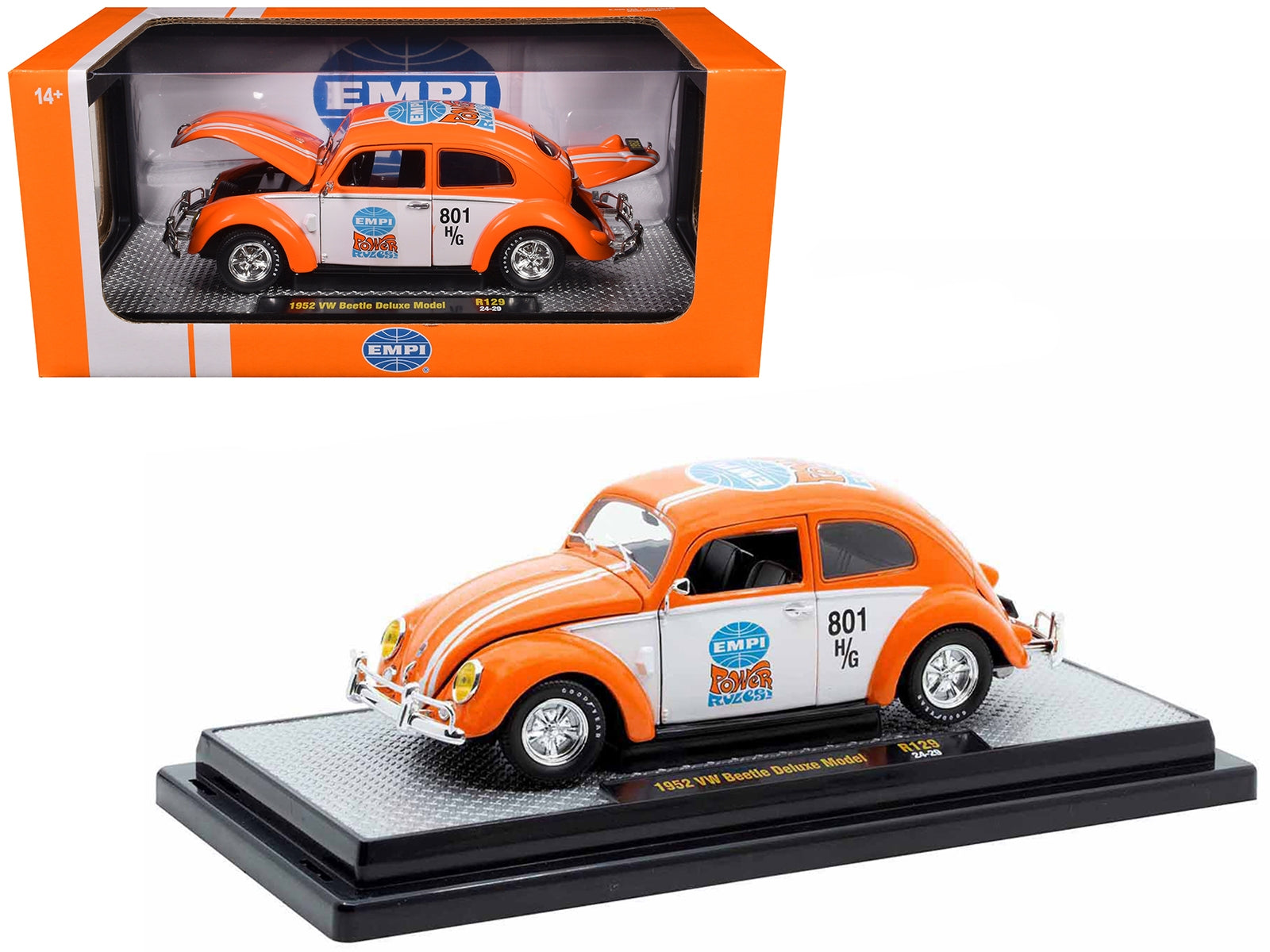 1952 Volkswagen Beetle Deluxe Model "EMPI Power Rules" Orange and White with Graphics Limited Edition to 6650 pieces Worldwide 1/24 Diecast Model Car by M2 Machines M2