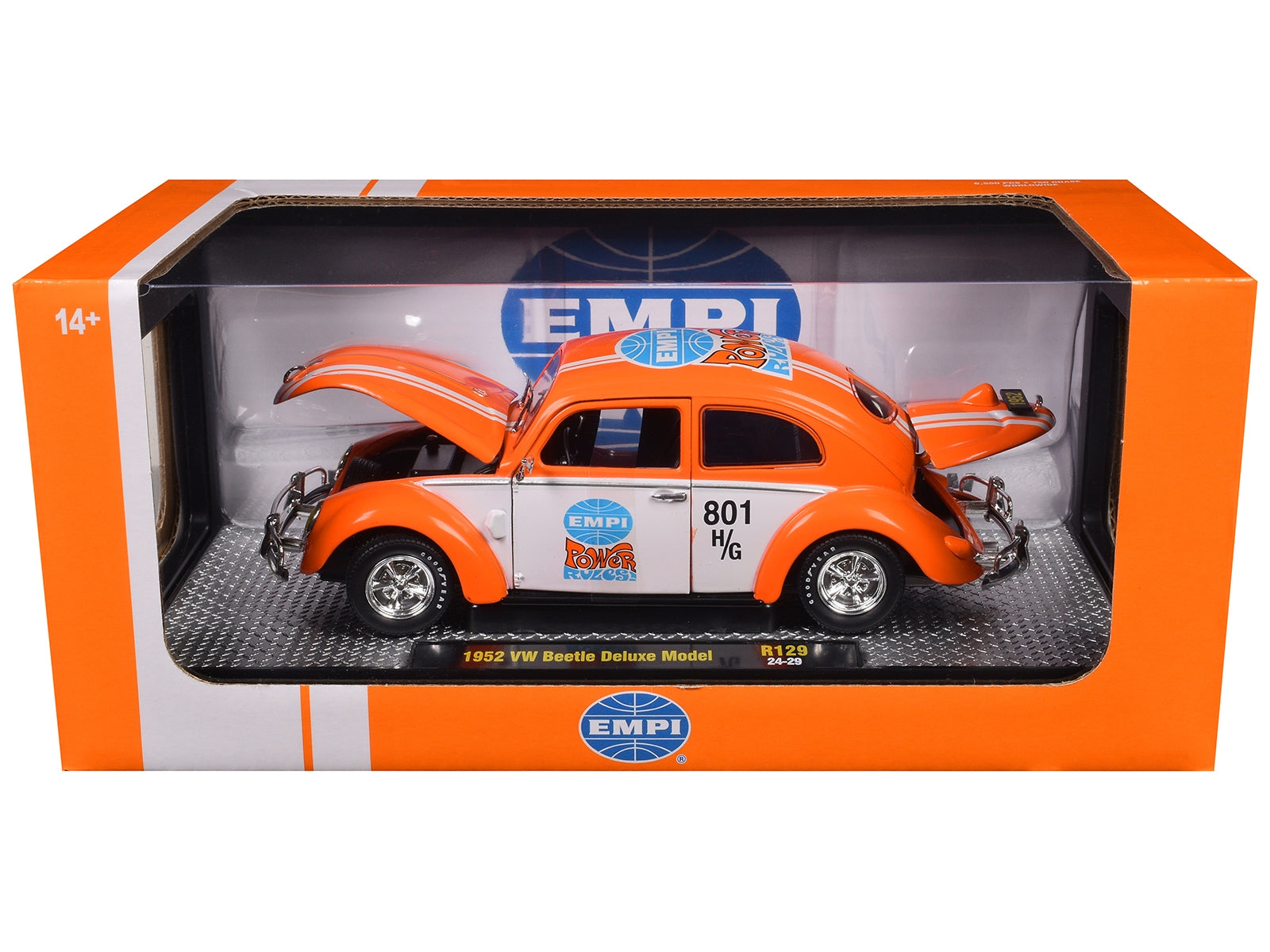 1952 Volkswagen Beetle Deluxe Model "EMPI Power Rules" Orange and White with Graphics Limited Edition to 6650 pieces Worldwide 1/24 Diecast Model Car by M2 Machines M2