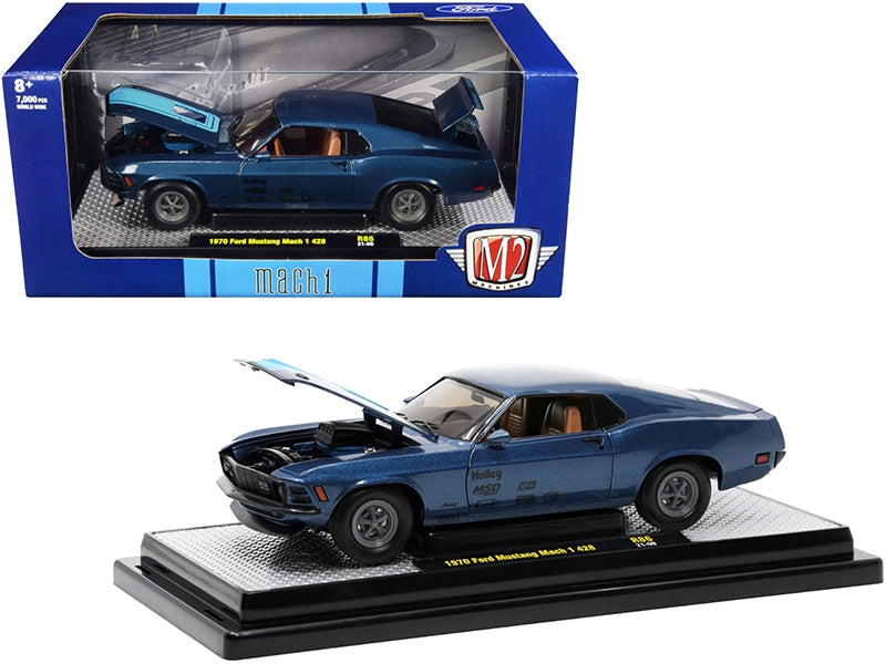 1970 Ford Mustang Mach 1 428 Dark Blue Metallic with Bright Blue Stripes Limited Edition to 7000 pieces Worldwide 1/24 Diecast Model Car by M2 Machines M2