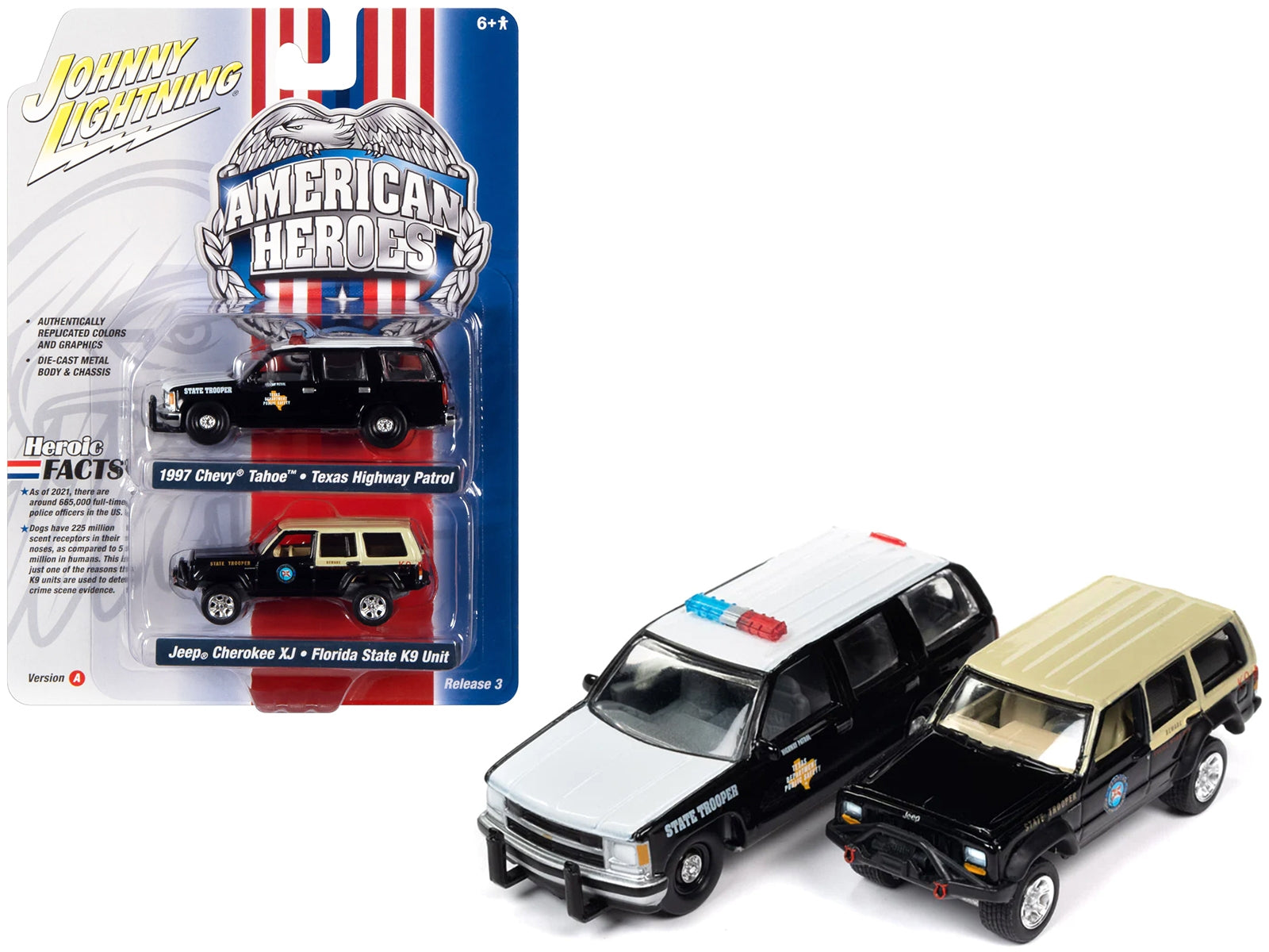 1997 Chevrolet Tahoe "Texas Highway Patrol - Department of Public Safety" Black and White and Jeep Cherokee XJ "Florida State Trooper K9 Unit" Black with Tan Top "American Heroes" Series Set of 2 Cars 1/64 Diecast Model Cars by Johnny Lightning Johnny Lightning