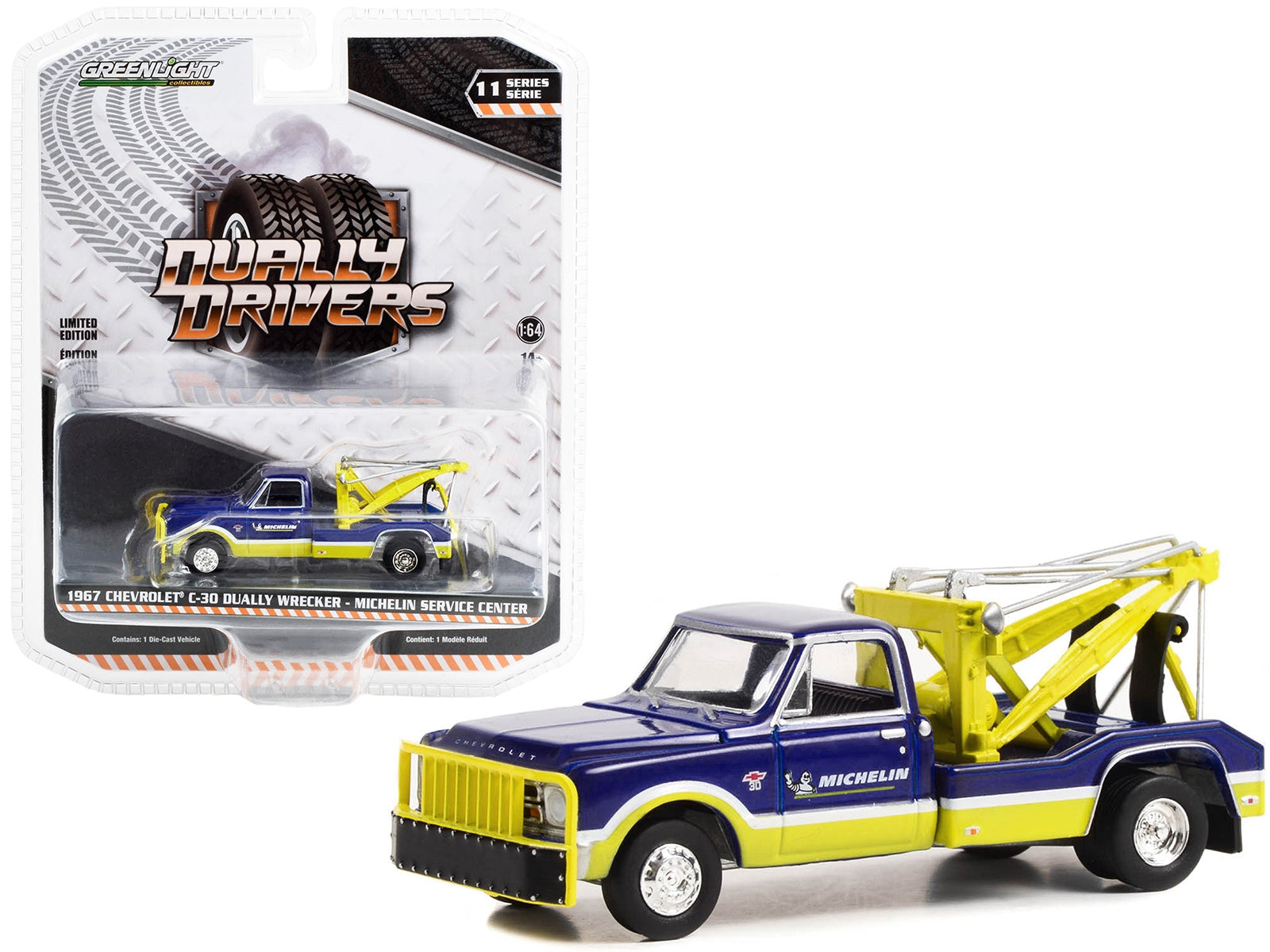 1967 Chevrolet C-30 Dually Wrecker Tow Truck "Michelin Service Center" Blue and Yellow "Dually Drivers" Series 11 1/64 Diecast Model Car by Greenlight Greenlight