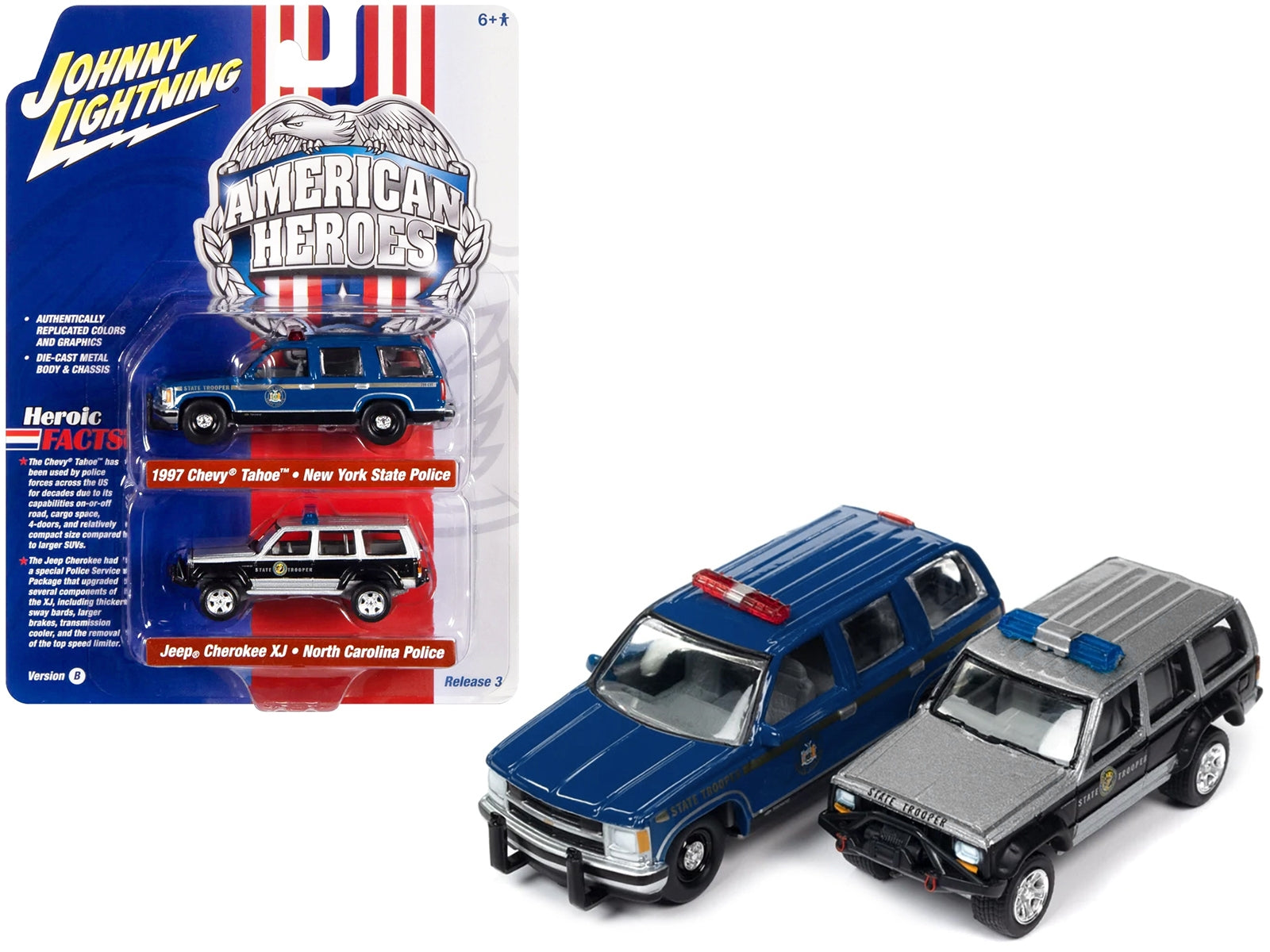 1997 Chevrolet Tahoe "New York State Trooper" Blue with Gold Stripes and Jeep Cherokee XJ "North Carolina State Trooper" Black and Silver "American Heroes" Series Set of 2 Cars 1/64 Diecast Model Cars by Johnny Lightning Johnny Lightning