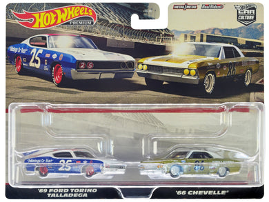 1969 Ford Torino Talladega #25 White and Blue with Red Top and 1966 Chevrolet Chevelle #86 Gold with White Top 