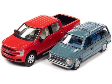 2018 Ford F-150 Pickup Truck Red and 1984 Dodge Caravan Minivan Blue Metallic 