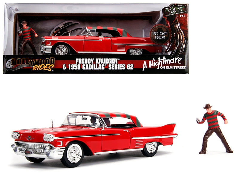 1958 Cadillac Series 62 Red with Freddy Krueger Diecast Figurine "A Nightmare on Elm Street" Movie 1/24 Diecast Model Car by Jada Jada