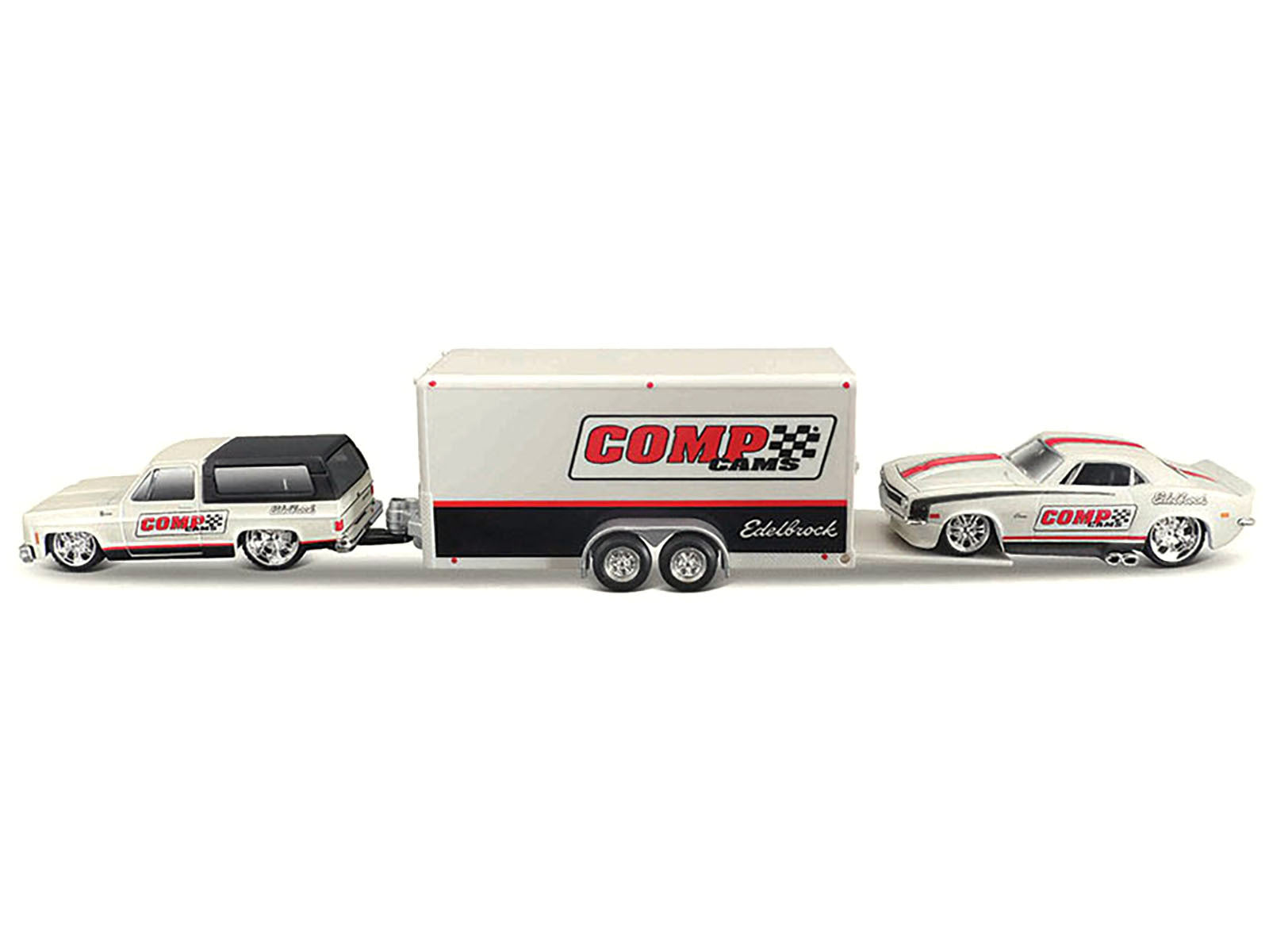 1979 Chevrolet K5 Blazer White and Black and 1968 Chevrolet Camaro Z/28 White with Stripes with Enclosed Car Trailer "Comp Cams - Edlebrock" "Team Haulers" Series 1/64 Diecast Model Car by Maisto Maisto