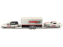 Load image into Gallery viewer, 1979 Chevrolet K5 Blazer White and Black and 1968 Chevrolet Camaro Z/28 White with Stripes with Enclosed Car Trailer &quot;Comp Cams - Edlebrock&quot; &quot;Team Haulers&quot; Series 1/64 Diecast Model Car by Maisto Maisto
