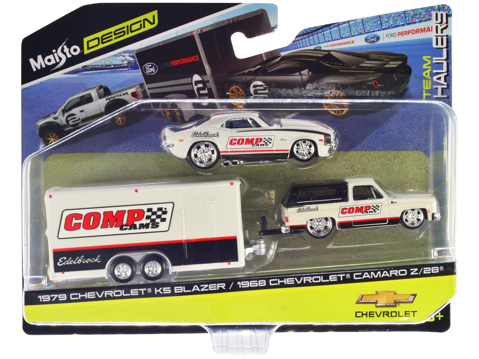 1979 Chevrolet K5 Blazer White and Black and 1968 Chevrolet Camaro Z/28 White with Stripes with Enclosed Car Trailer "Comp Cams - Edlebrock" "Team Haulers" Series 1/64 Diecast Model Car by Maisto Maisto