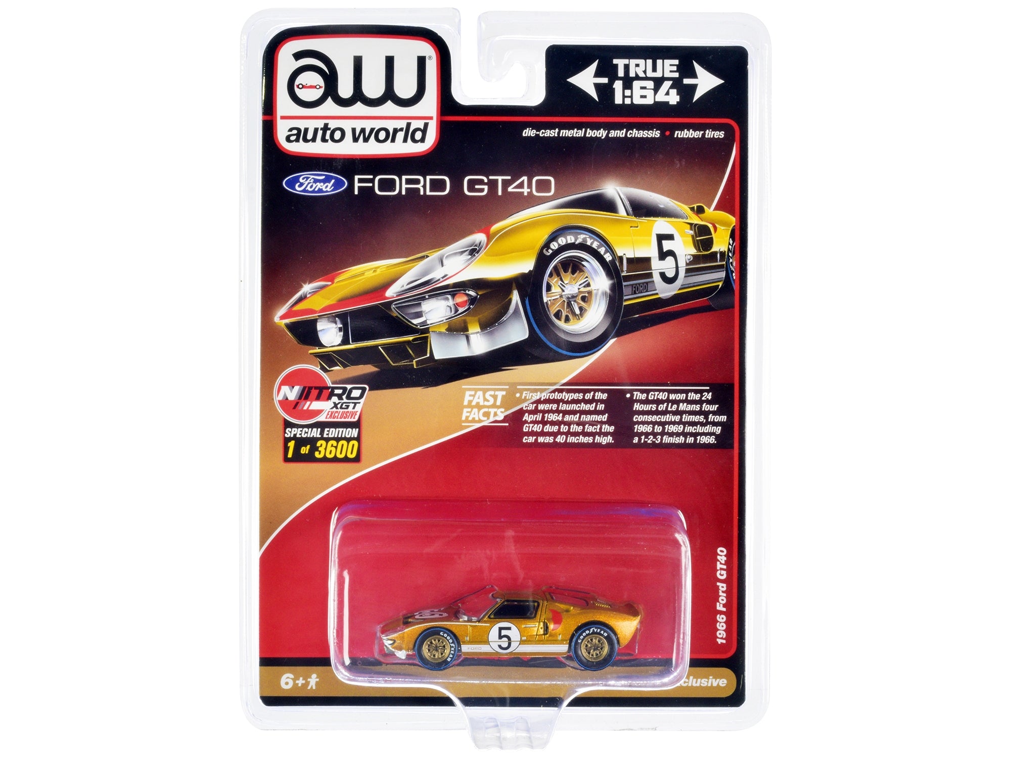 1966 Ford GT40 RHD (Right Hand Drive) #5 Gold with Graphics Limited Edition to 3600 pieces Worldwide 1/64 Diecast Model Car by Auto World Autoworld