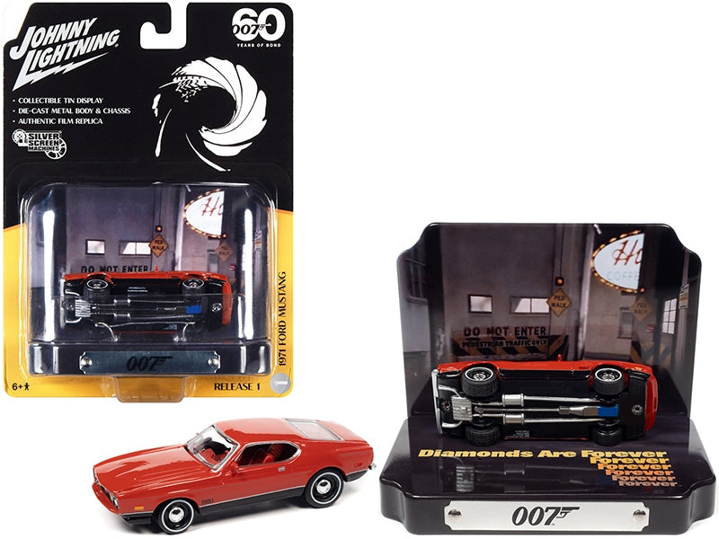 1971 Ford Mustang Mach 1 Red with Collectible Tin Display "007" (James Bond) "Diamonds Are Forever" (1971) Movie "60 Years Of Bond" 1/64 Diecast Model Car by Johnny Lightning Johnny Lightning