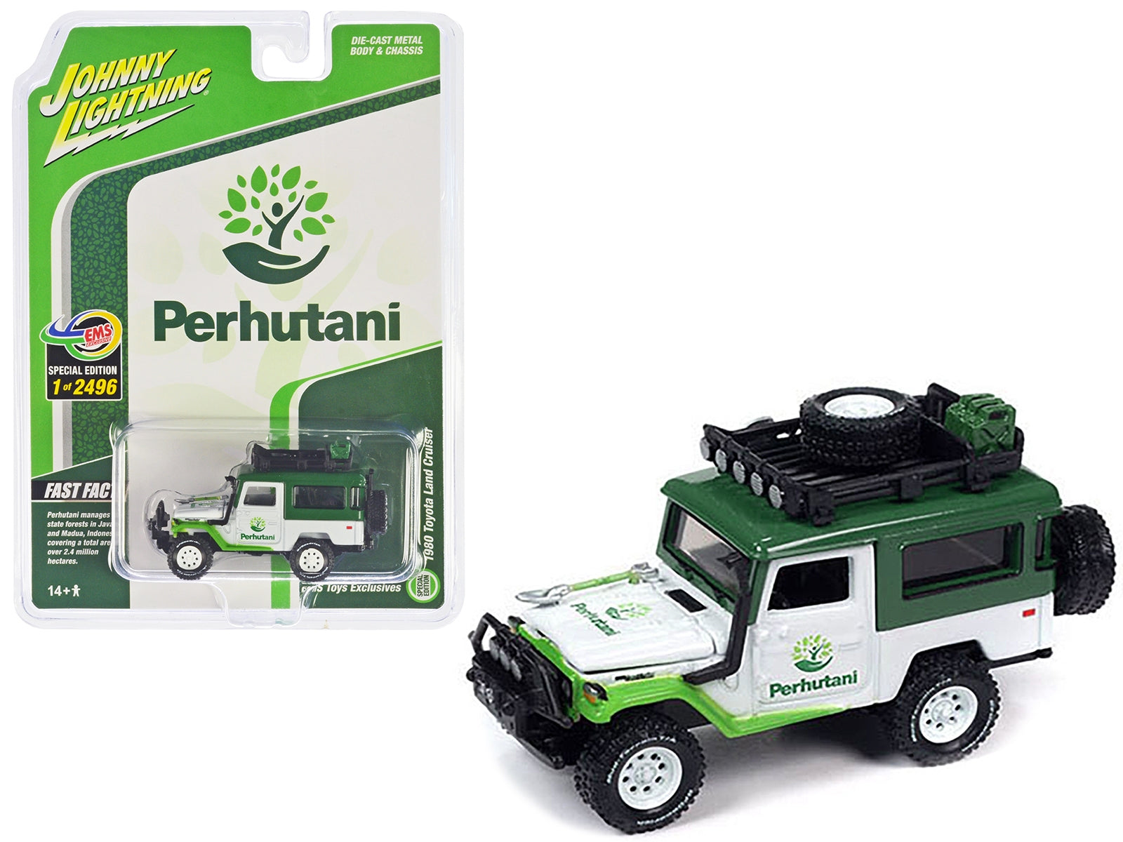 1980 Toyota Land Cruiser White and Green "Perhutani" with Roof Rack Limited Edition to 2496 pieces Worldwide 1/64 Diecast Model Car by Johnny Lightning Johnny Lightning