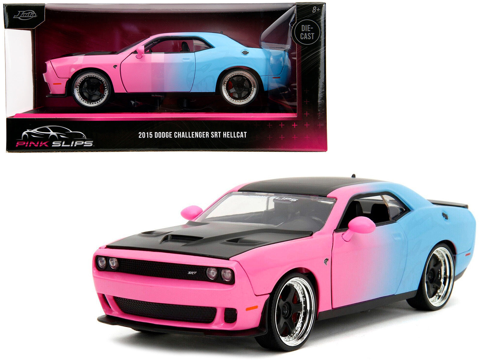 2015 Dodge Challenger SRT Hellcat Pink and Blue Gradient with Matt Black Hood and Top "Pink Slips" Series 1/24 Diecast Model Car by Jada Jada