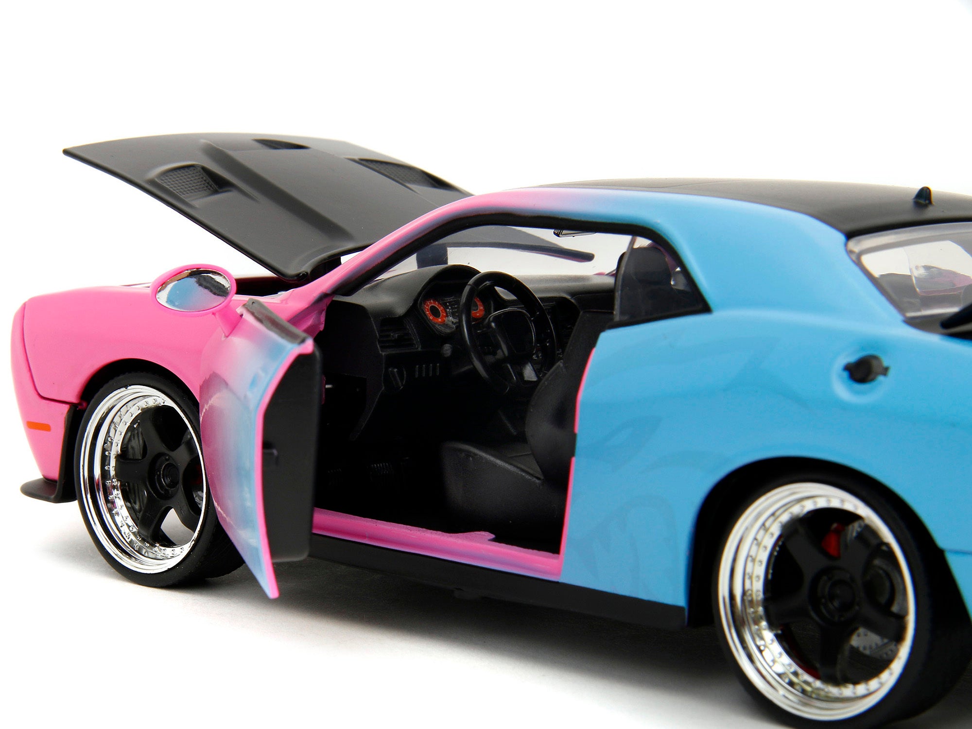 2015 Dodge Challenger SRT Hellcat Pink and Blue Gradient with Matt Black Hood and Top "Pink Slips" Series 1/24 Diecast Model Car by Jada Jada