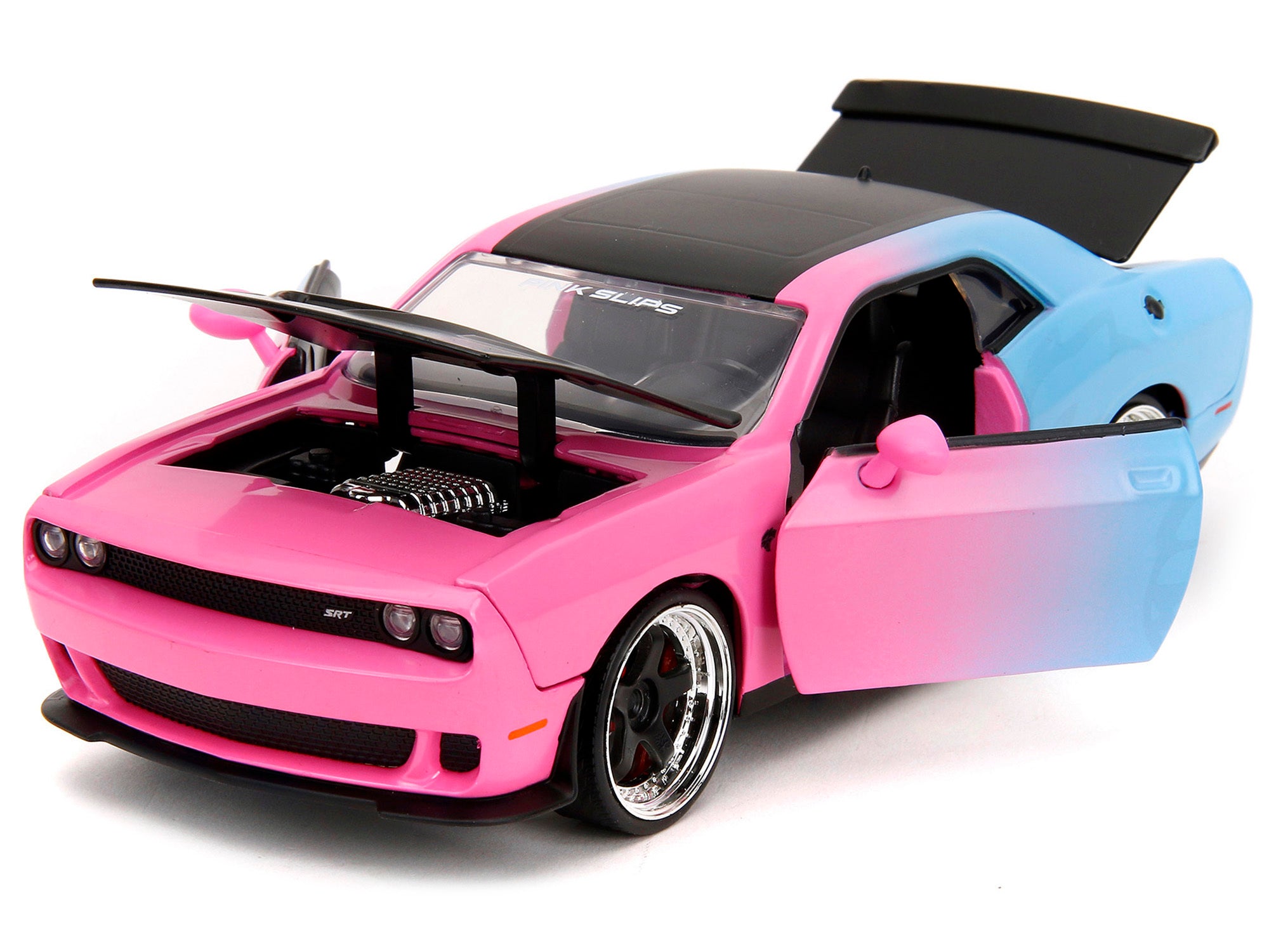 2015 Dodge Challenger SRT Hellcat Pink and Blue Gradient with Matt Black Hood and Top "Pink Slips" Series 1/24 Diecast Model Car by Jada Jada