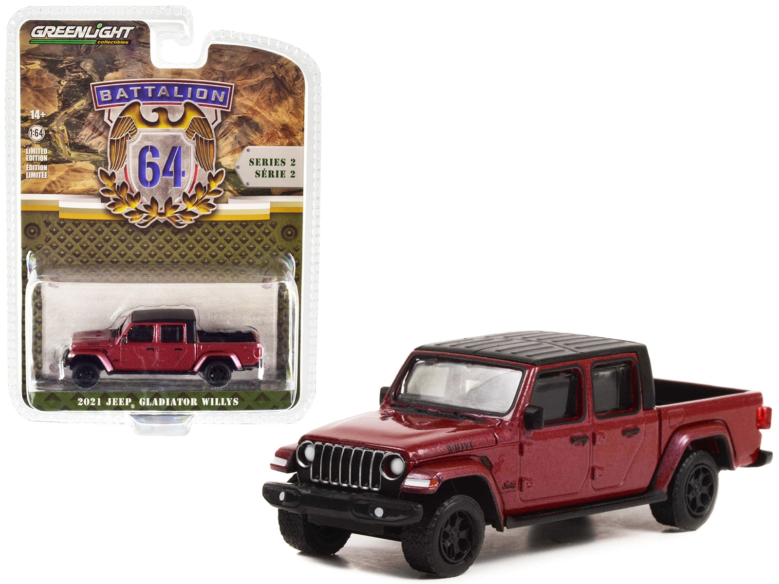 2021 Jeep Gladiator Willys Pickup Truck Snazzberry Red Metallic with Black Top "Battalion 64" Release 2 1/64 Diecast Model Car by Greenlight Greenlight