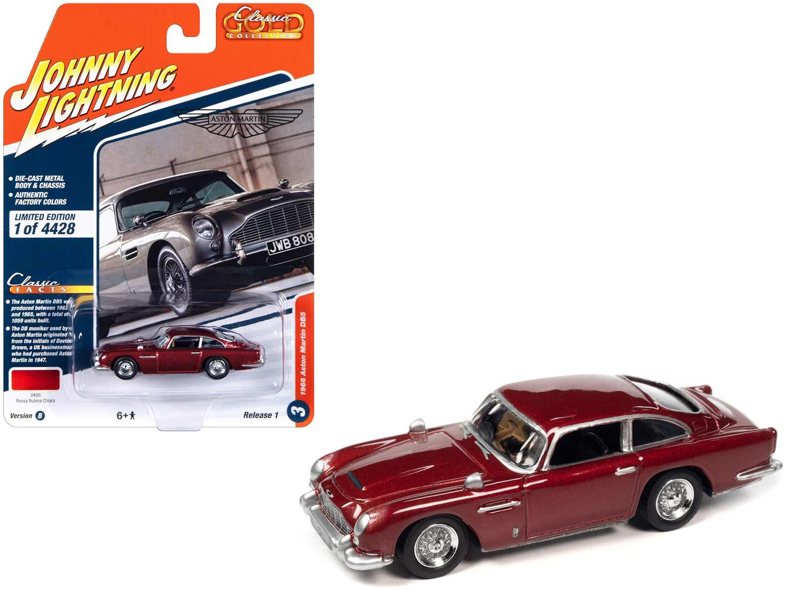 1966 Aston Martin DB5 RHD (Right Hand Drive) Rossa Rubina Chiara Red Metallic "Classic Gold Collection" 2023 Release 1 Limited Edition to 4428 pieces Worldwide 1/64 Diecast Model Car by Johnny Lightning Johnny Lightning