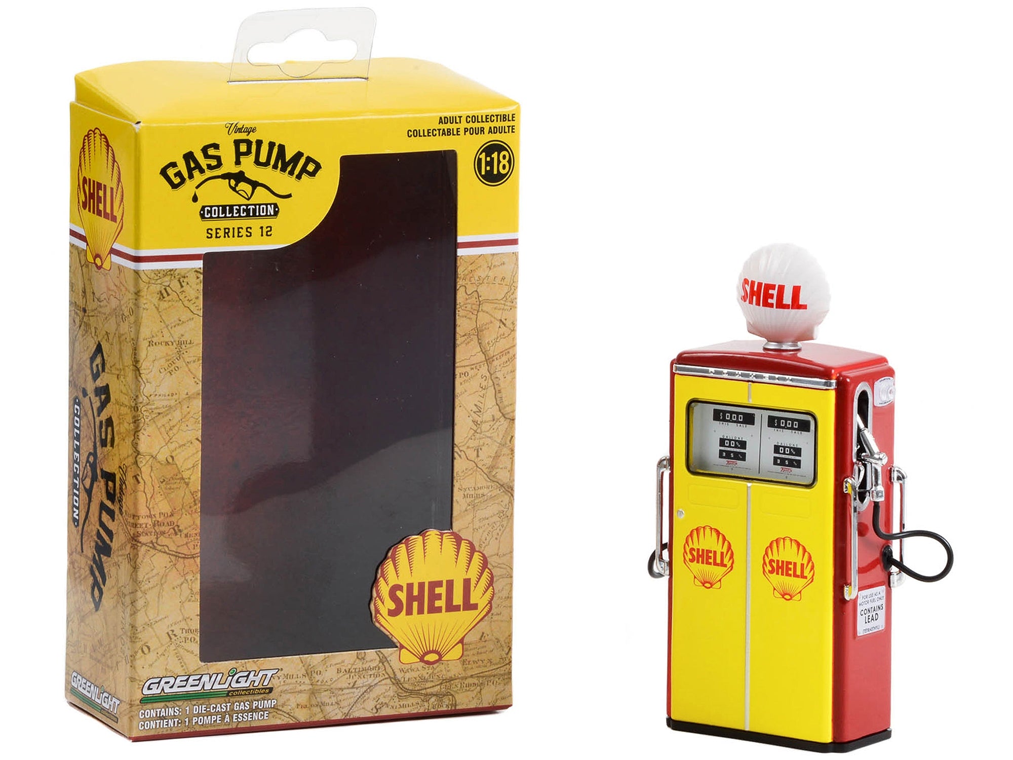 1954 Tokheim 350 Twin Gas Pump "Shell Oil" Yellow and Red "Vintage Gas Pumps" Series 12 1/18 Diecast Model by Greenlight Greenlight