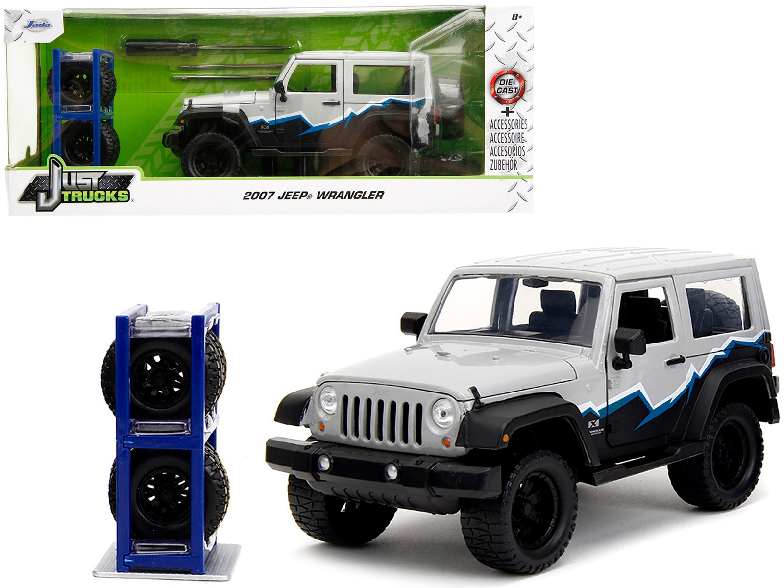 2007 Jeep Wrangler Gray and Black with Blue and White Stripes with Extra Wheels "Just Trucks" Series 1/24 Diecast Model Car by Jada Jada