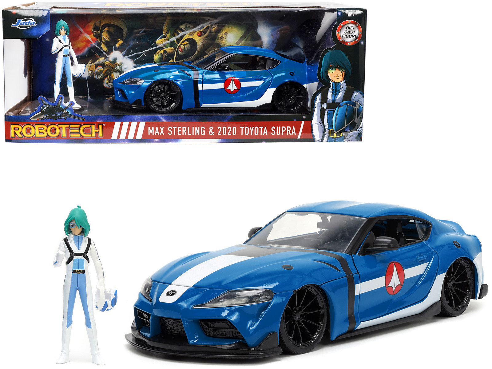 2020 Toyota Supra Blue with Graphics and Max Sterling Diecast Figurine "Robotech" "Hollywood Rides" Series 1/24 Diecast Model Car by Jada Jada