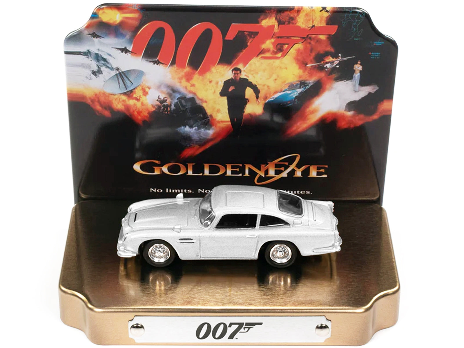 Aston Martin DB5 RHD (Right Hand Drive) Silver Metallic 007 (James Bond) "GoldenEye" (1995) Movie with Collectible Tin Display "Silver Screen Machines" Series 1/64 Diecast Model Car by Johnny Lightning Johnny Lightning