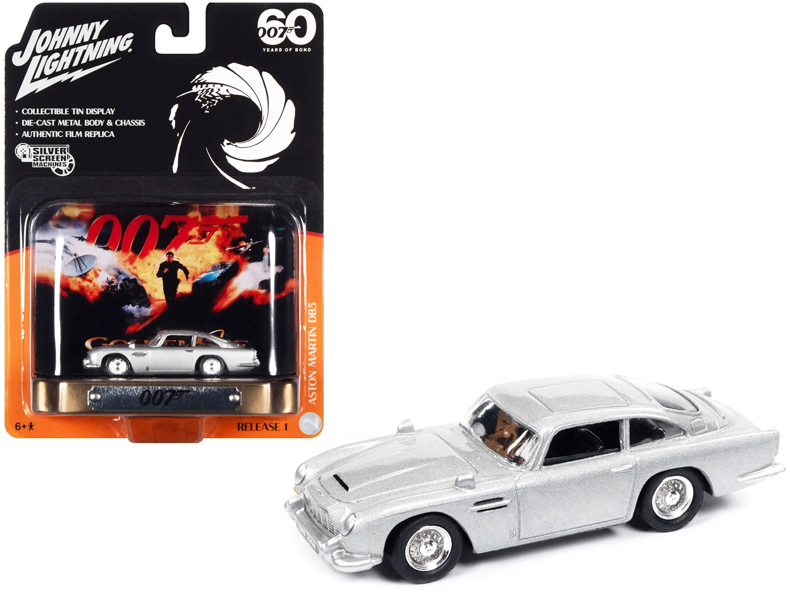 Aston Martin DB5 RHD (Right Hand Drive) Silver Metallic 007 (James Bond) "GoldenEye" (1995) Movie with Collectible Tin Display "Silver Screen Machines" Series 1/64 Diecast Model Car by Johnny Lightning Johnny Lightning