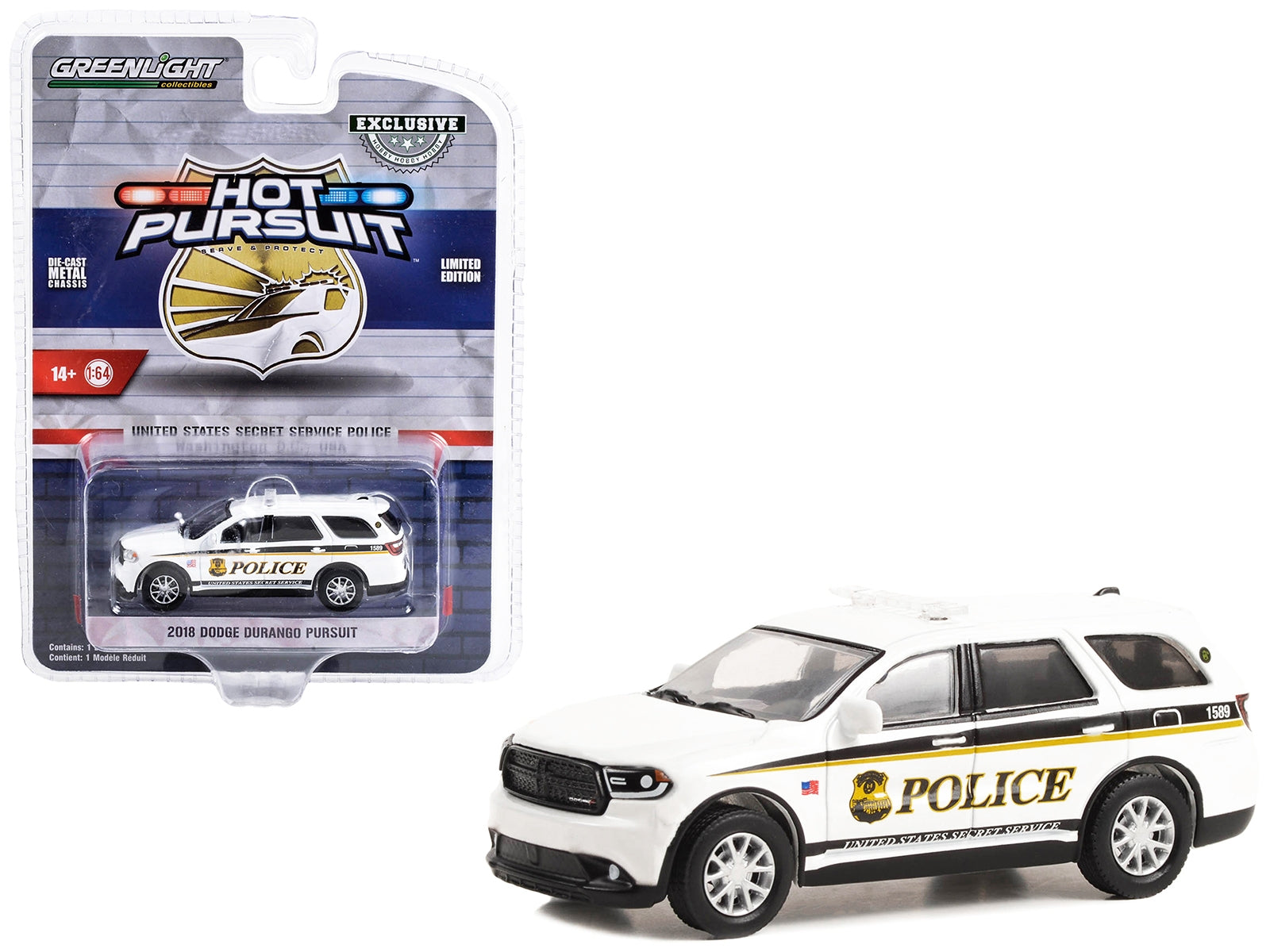 2018 Dodge Durango Pursuit White "United States Secret Service Police" Washington DC "Hot Pursuit" Special Edition 1/64 Diecast Model Car by Greenlight Greenlight