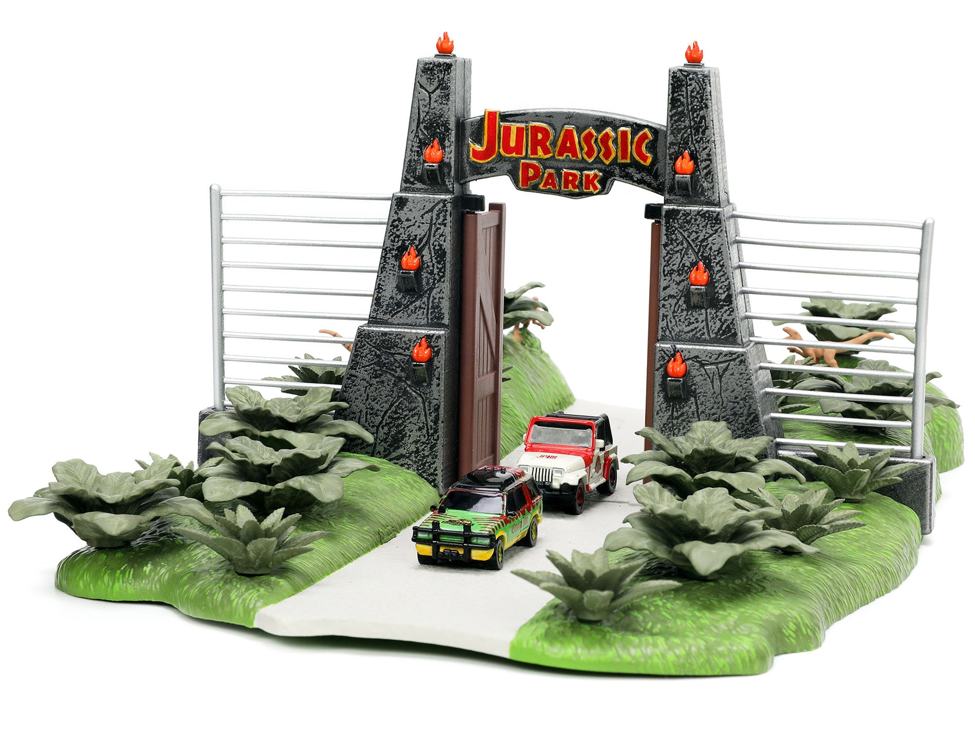 Jurassic Park Theme Park Entrance Diorama with Jeep Wrangler and Ford Explorer 30th Anniversary "Jurassic Park" (1993) Movie "Nano Hollywood Rides" Series Models by Jada Jada