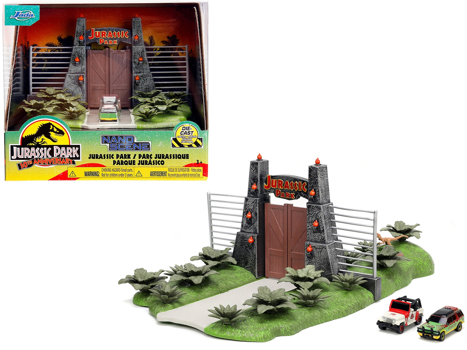 Jurassic Park Theme Park Entrance Diorama with Jeep Wrangler and Ford Explorer 30th Anniversary "Jurassic Park" (1993) Movie "Nano Hollywood Rides" Series Models by Jada Jada