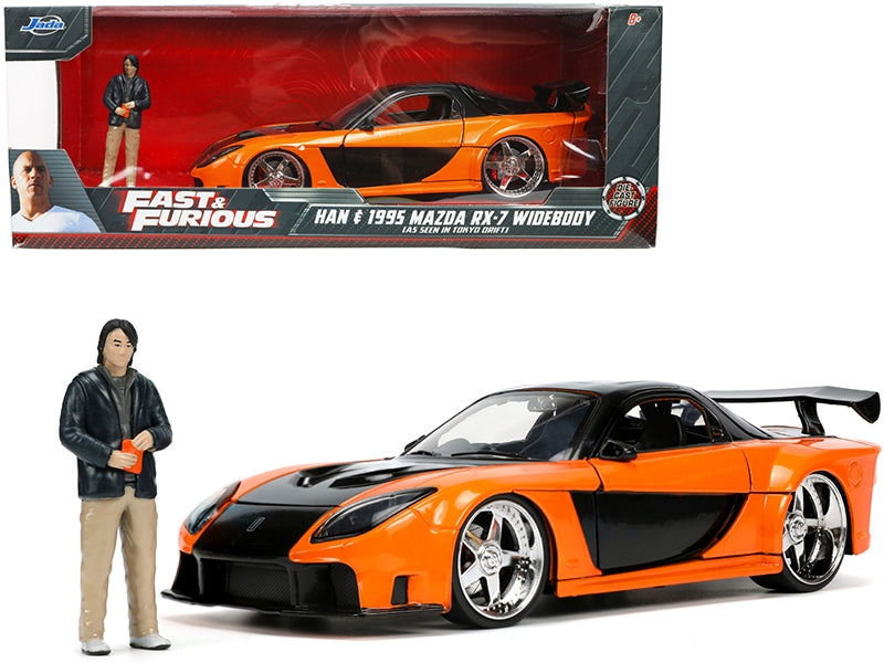 1995 Mazda RX-7 Widebody RHD (Right Hand Drive) Orange Metallic and Black with Han Diecast Figurine 