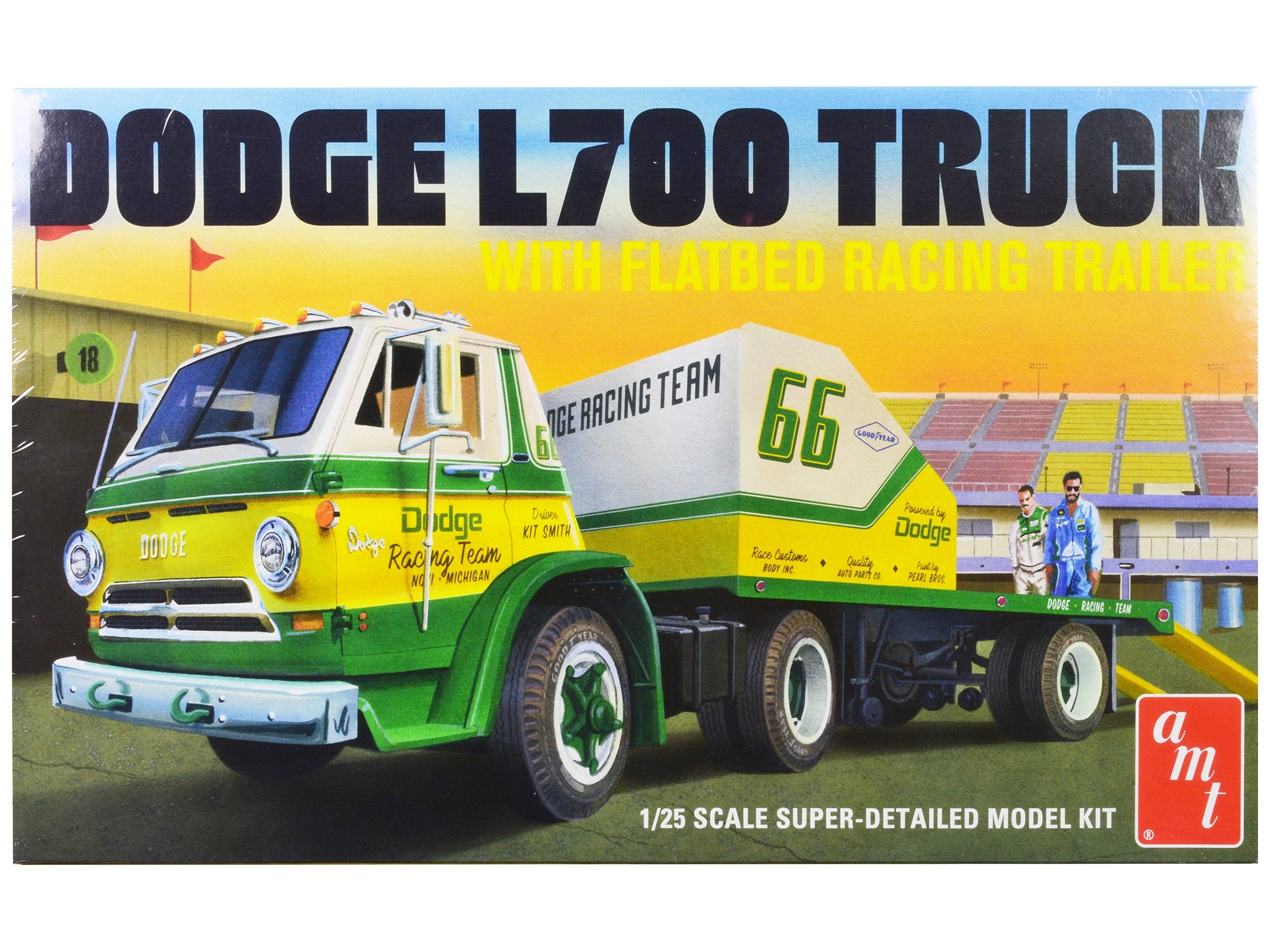 Skill 3 Model Kit 1966 Dodge L700 Truck with Flatbed Racing Trailer 1/25 Scale Model by AMT AMT