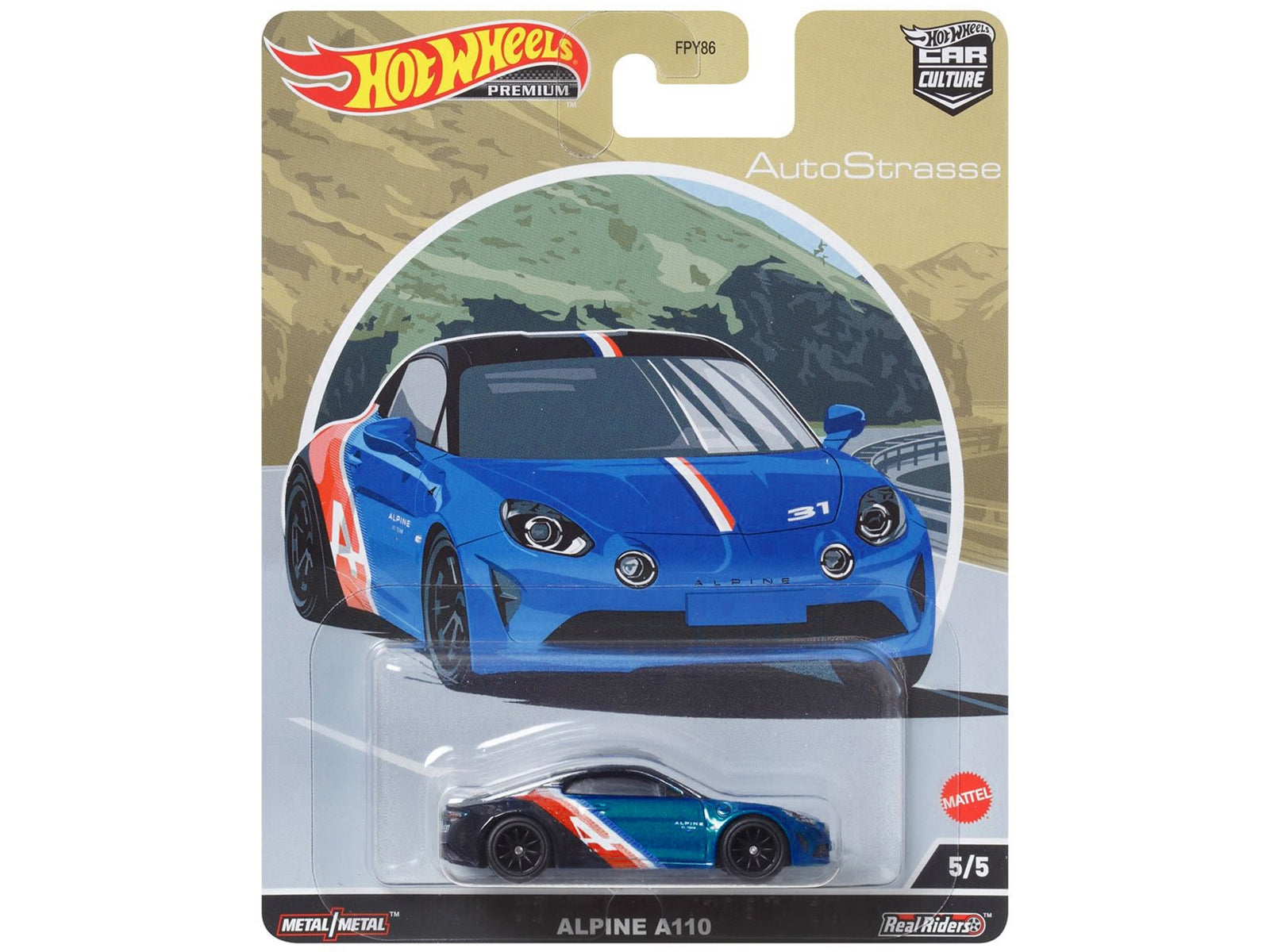 Alpine A110 Blue Metallic and Black with Graphics "Auto Strasse" Series Diecast Model Car by Hot Wheels Hotwheels