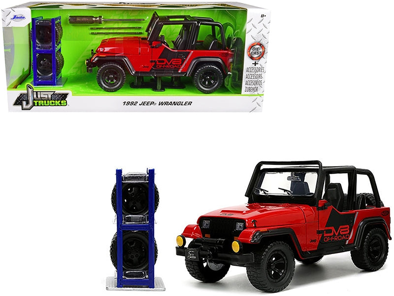 1992 Jeep Wrangler DV8 Off-Road Red with Matt Black Stripes with Extra Wheels "Just Trucks" Series 1/24 Diecast Model Car by Jada Jada