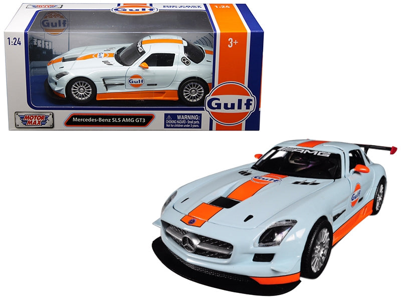 Mercedes Benz SLS AMG GT3 with "Gulf" Livery Light Blue with Orange Stripe 1/24 Diecast Model Car by Motormax Motormax