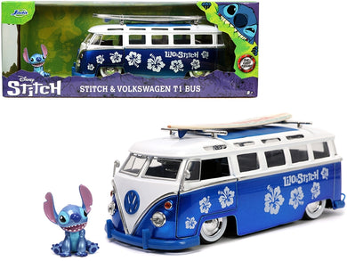 Volkswagen T1 Bus Candy Blue and White with Stitch Diecast Figurine and Surfboard 