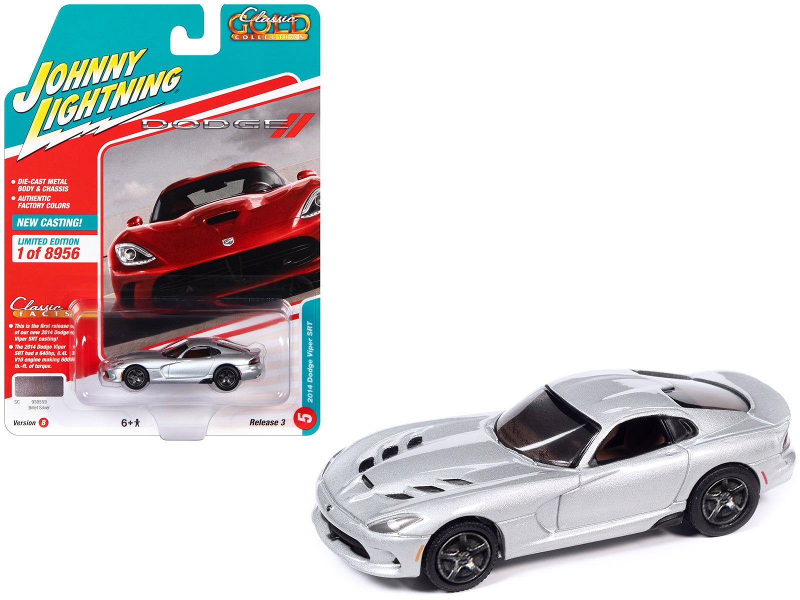 2014 Dodge Viper SRT Billet Silver Metallic "Classic Gold Collection" Series Limited Edition to 8956 pieces Worldwide 1/64 Diecast Model Car by Johnny Lightning Johnny Lightning