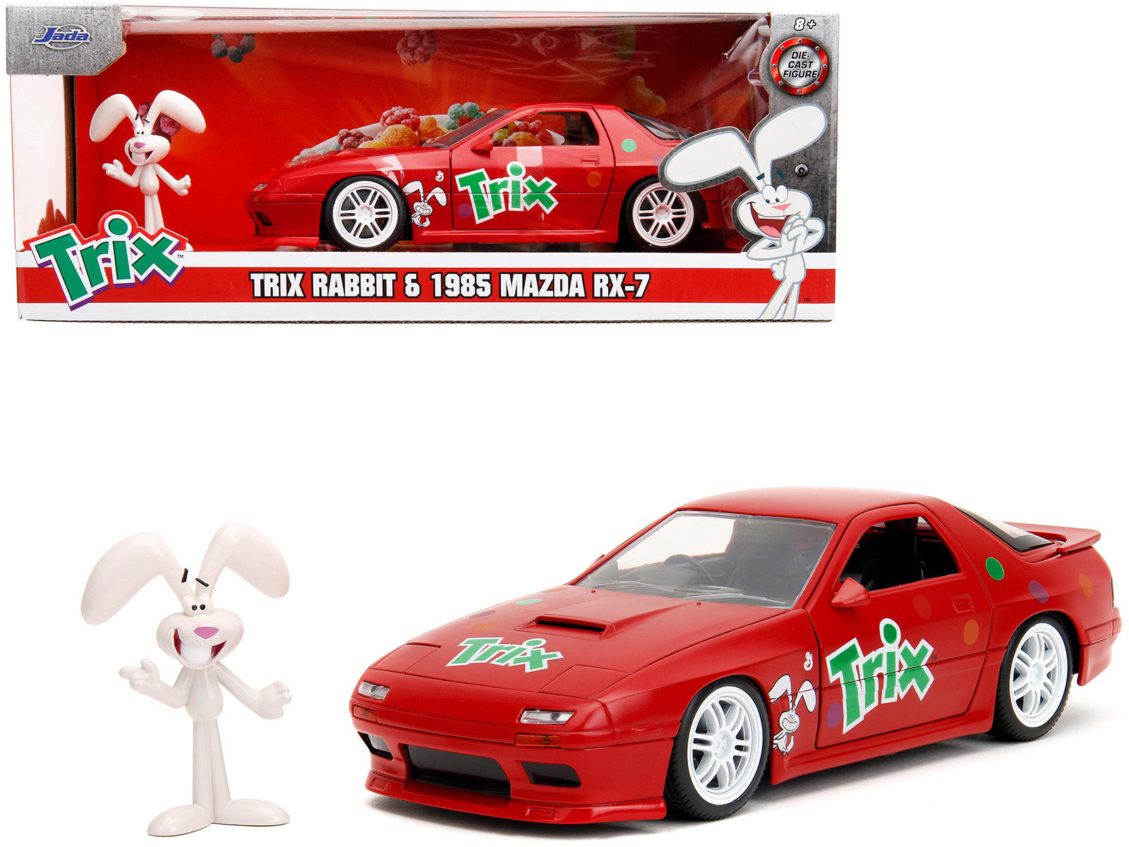 1985 Mazda RX-7 RHD (Right Hand Drive) Red with Graphics and Trix Rabbit Diecast Figure "Trix Cereal" "Hollywood Rides" Series 1/24 Diecast Model Car by Jada Jada