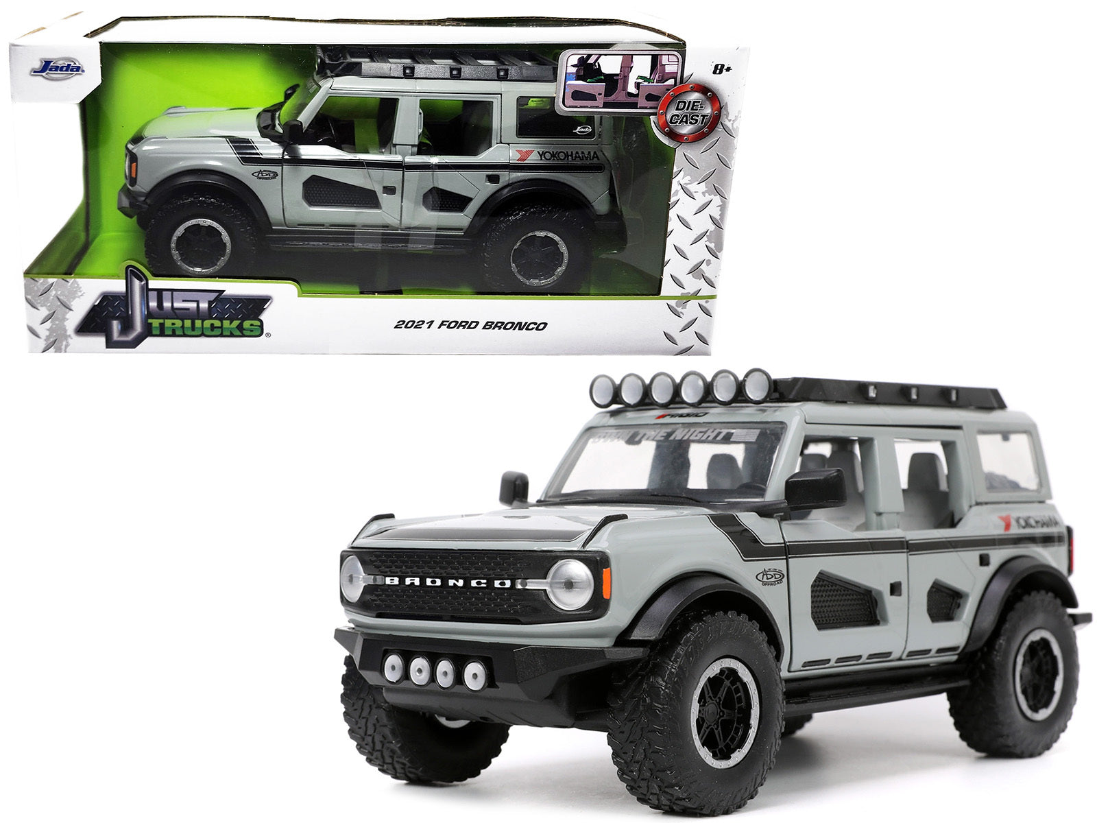 2021 Ford Bronco Gray with Black Stripes with Roof Rack "Own the Night" "Just Trucks" Series 1/24 Diecast Model Car by Jada Jada