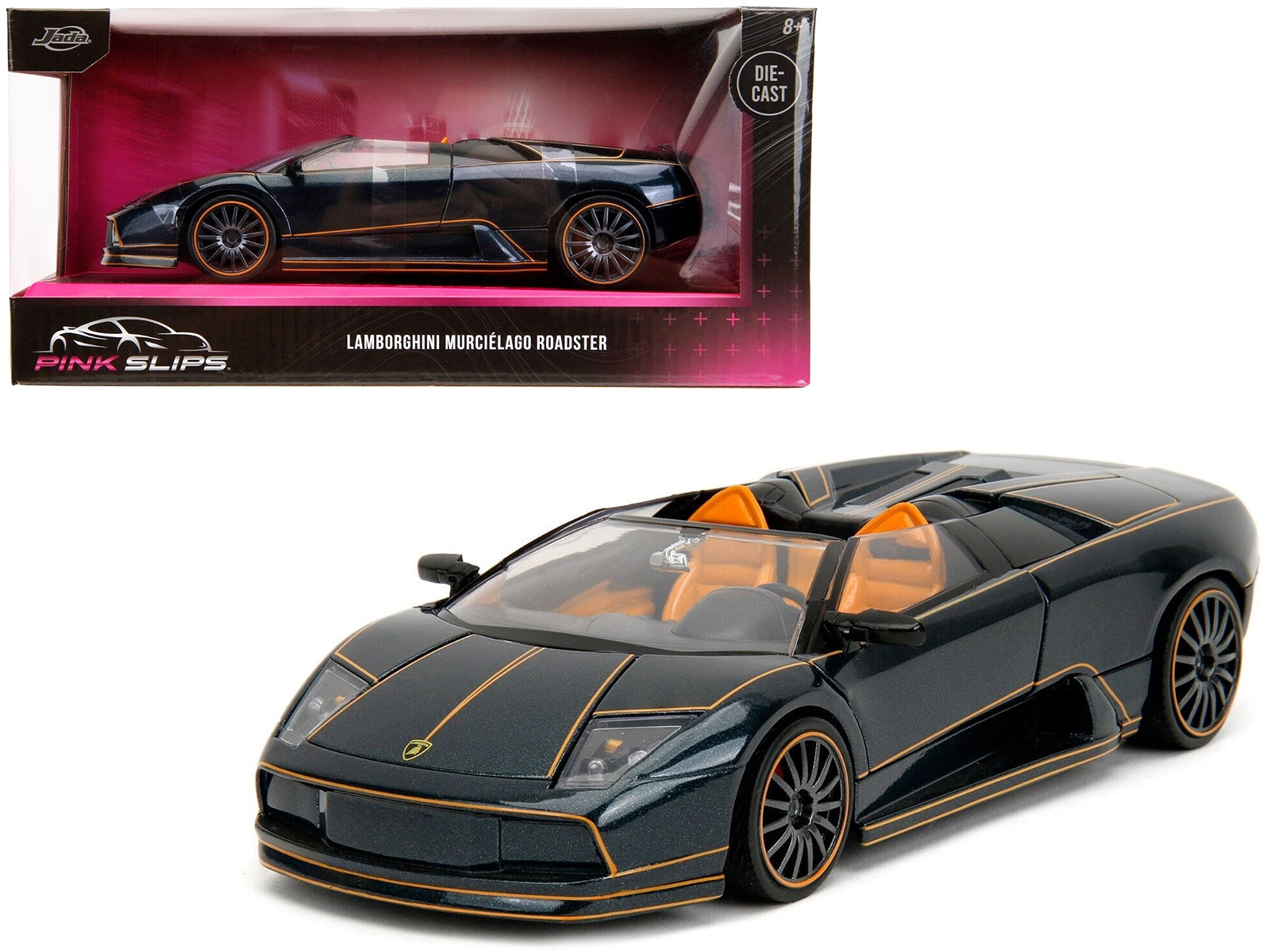 Lamborghini Murcielago Roadster Black Metallic with Orange Interior "Pink Slips" Series 1/24 Diecast Model Car by Jada Jada