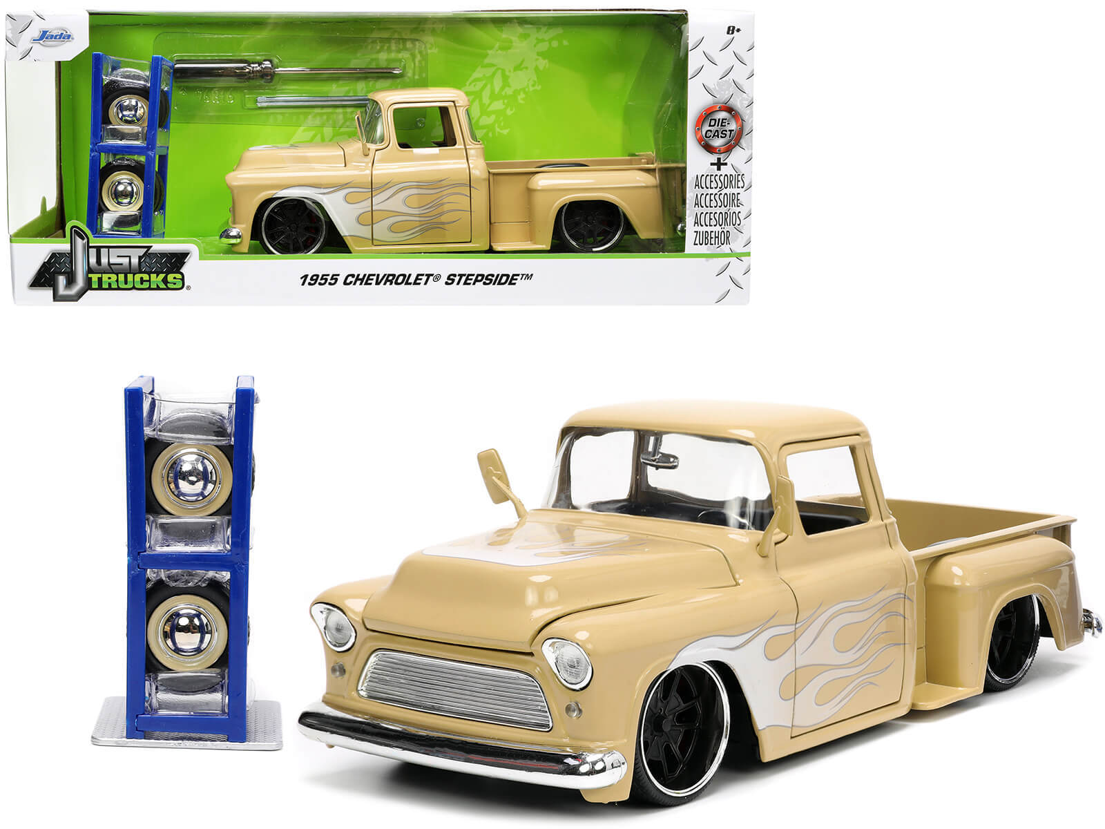 1955 Chevrolet Stepside Pickup Truck Tan with White and Silver Flames with Extra Wheels "Just Trucks" Series 1/24 Diecast Model Car by Jada Jada