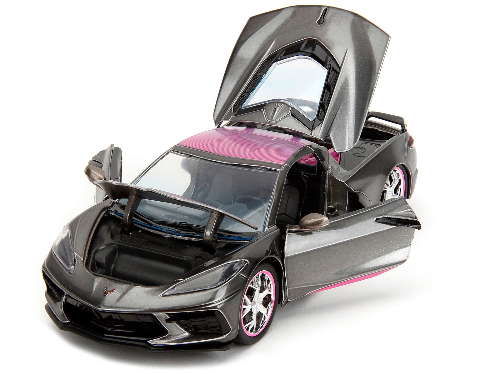 2020 Chevrolet Corvette Stingray Gray Metallic with Pink Carbon Hood and Top "Pink Slips" Series 1/24 Diecast Model Car by Jada Jada