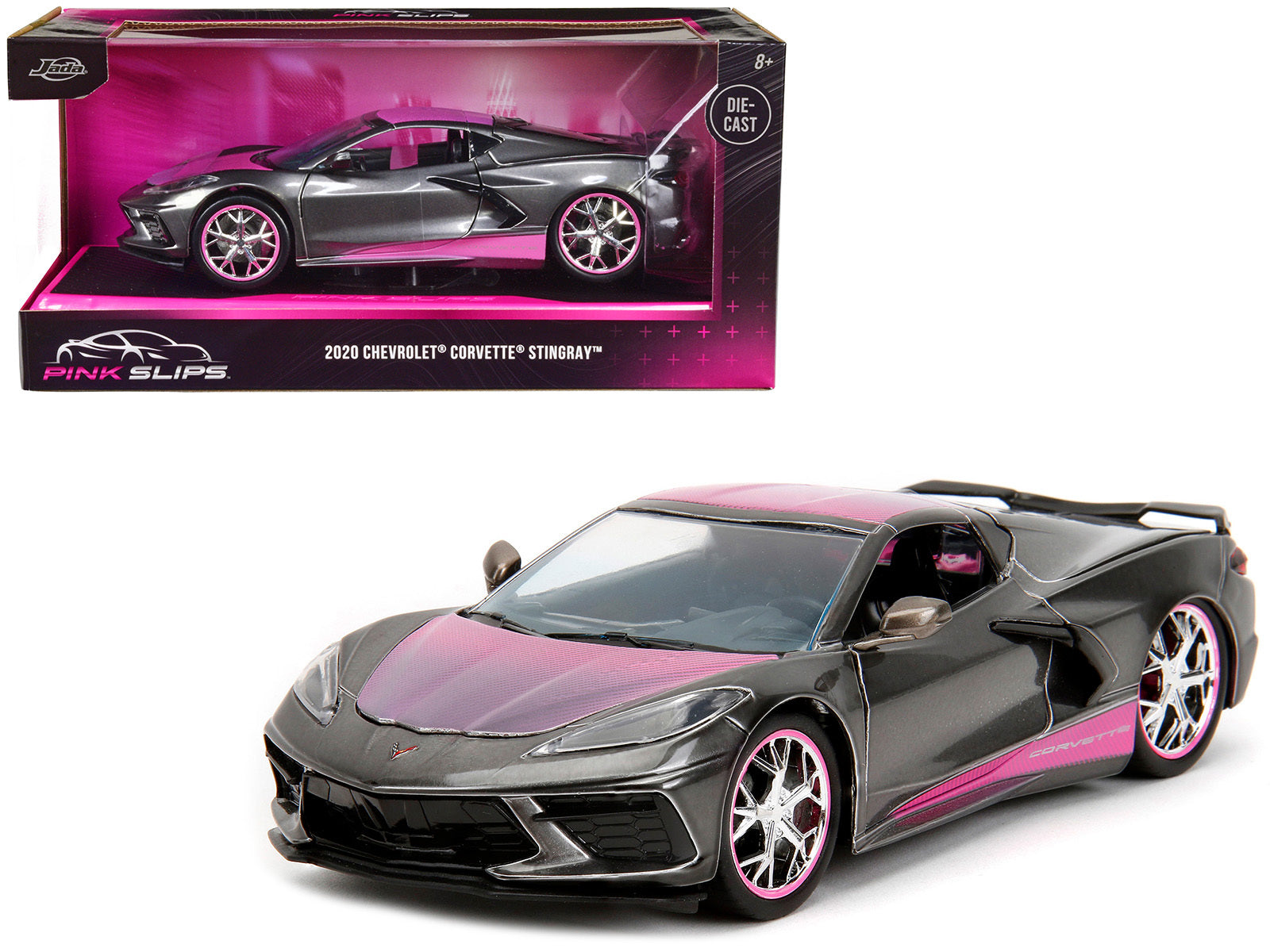 2020 Chevrolet Corvette Stingray Gray Metallic with Pink Carbon Hood and Top "Pink Slips" Series 1/24 Diecast Model Car by Jada Jada