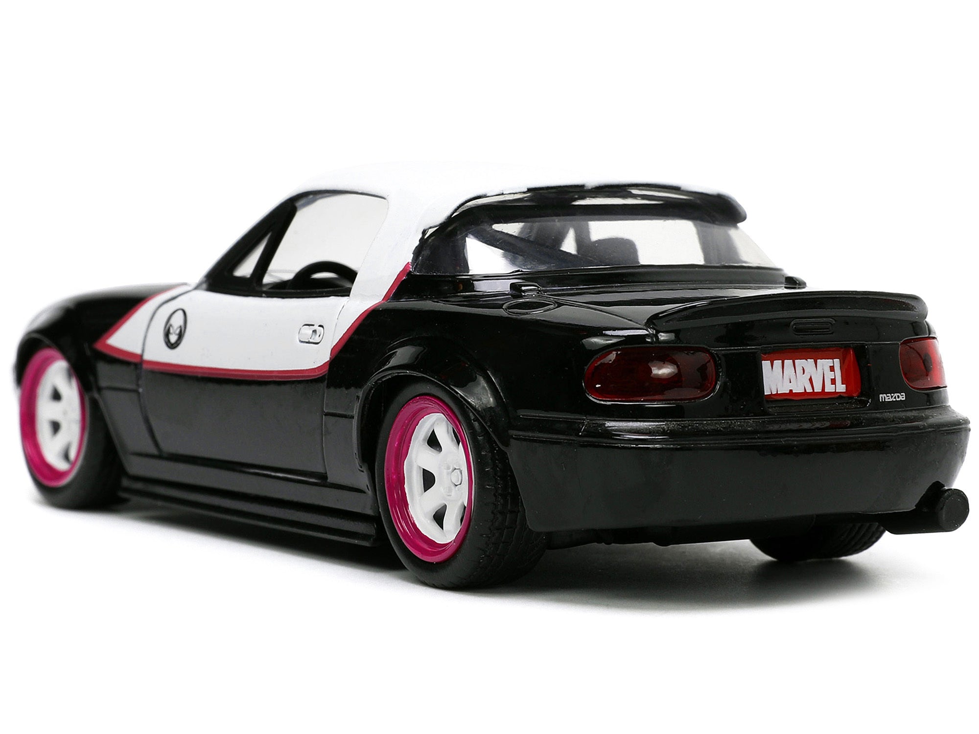 1990 Mazda Miata Black and White with Graphics and Ghost Spider Diecast Figure "Spider-Man" "Marvel" Series 1/32 Diecast Model Car by Jada Jada