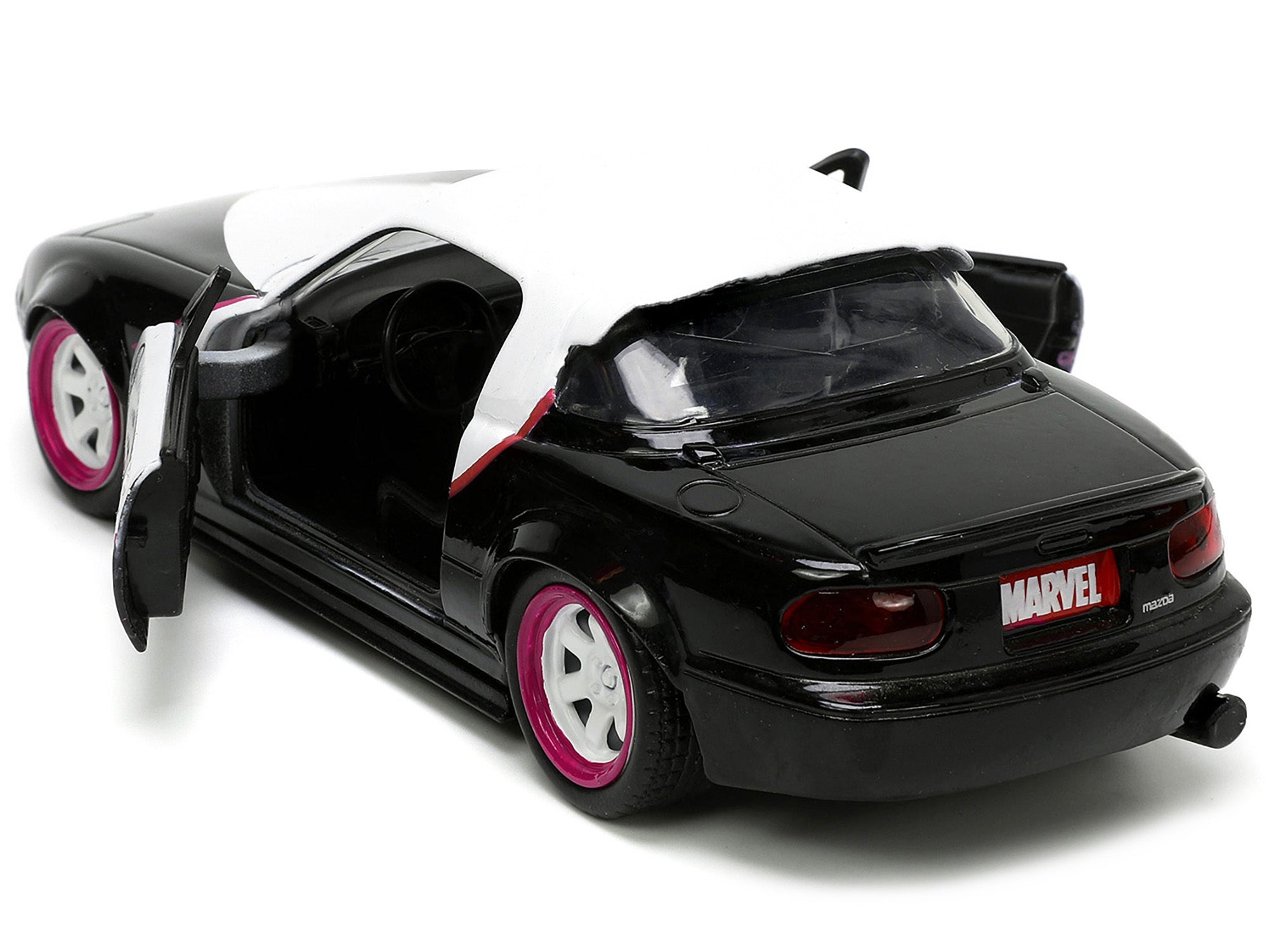 1990 Mazda Miata Black and White with Graphics and Ghost Spider Diecast Figure "Spider-Man" "Marvel" Series 1/32 Diecast Model Car by Jada Jada