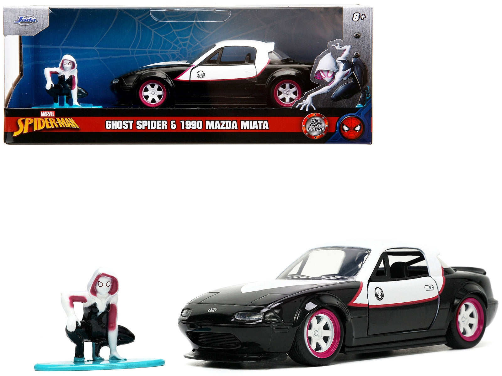 1990 Mazda Miata Black and White with Graphics and Ghost Spider Diecast Figure "Spider-Man" "Marvel" Series 1/32 Diecast Model Car by Jada Jada