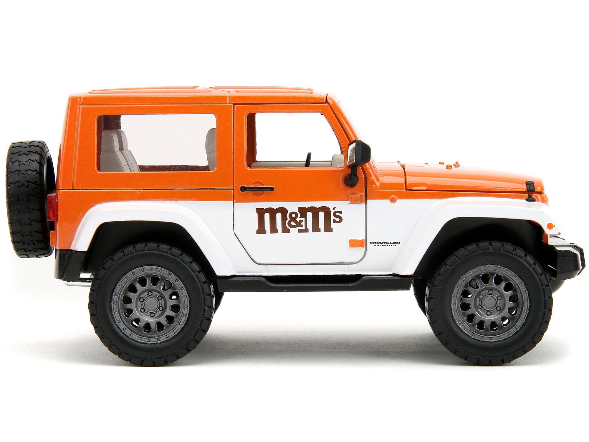 2017 Jeep Wrangler Orange Metallic and White and Orange M&M Diecast Figure "M&M's" "Hollywood Rides" Series 1/24 Diecast Model Car by Jada Jada